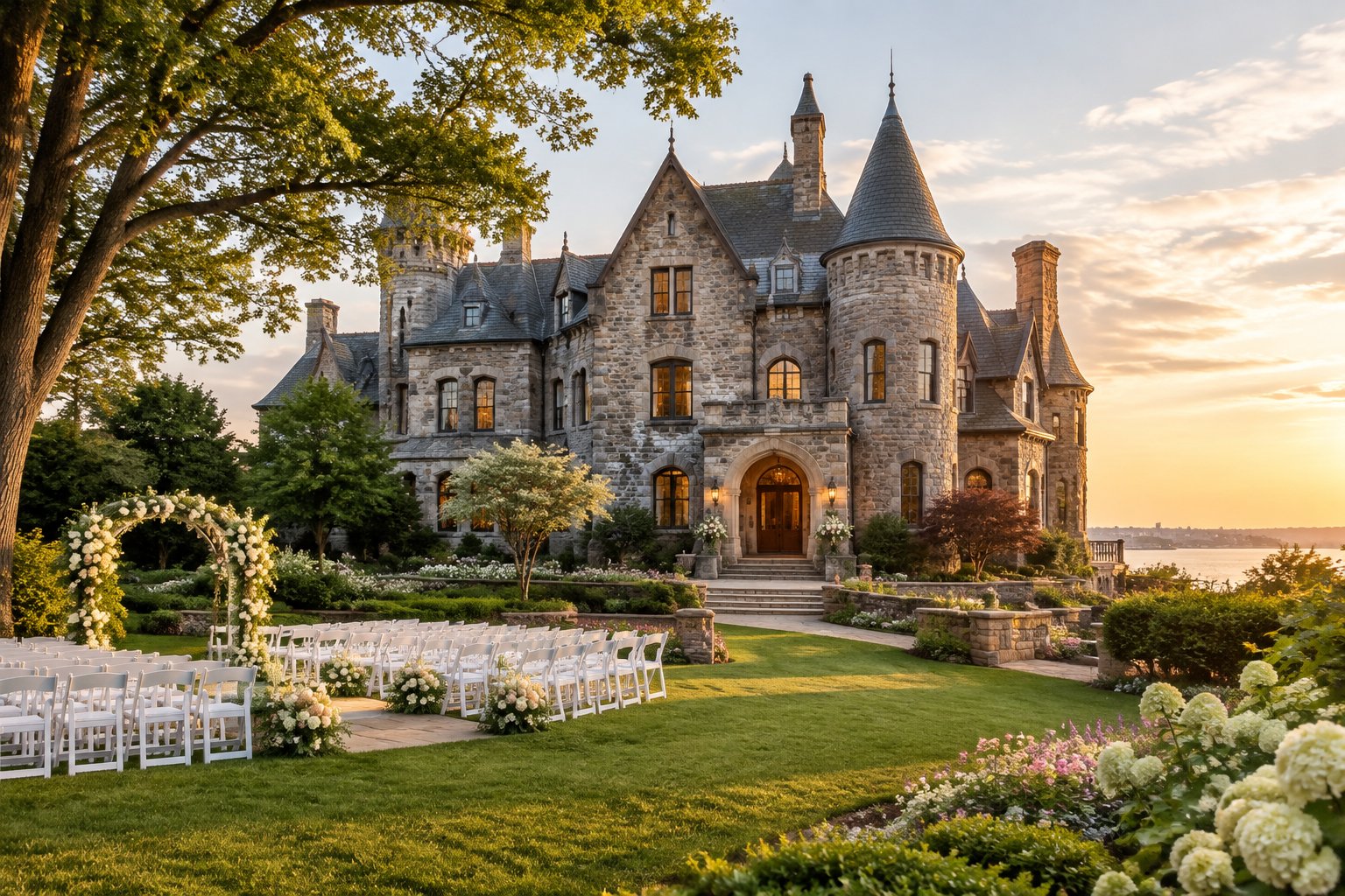 A castle-style wedding venue surrounded by gardens, with white ceremony chairs and a floral arch.