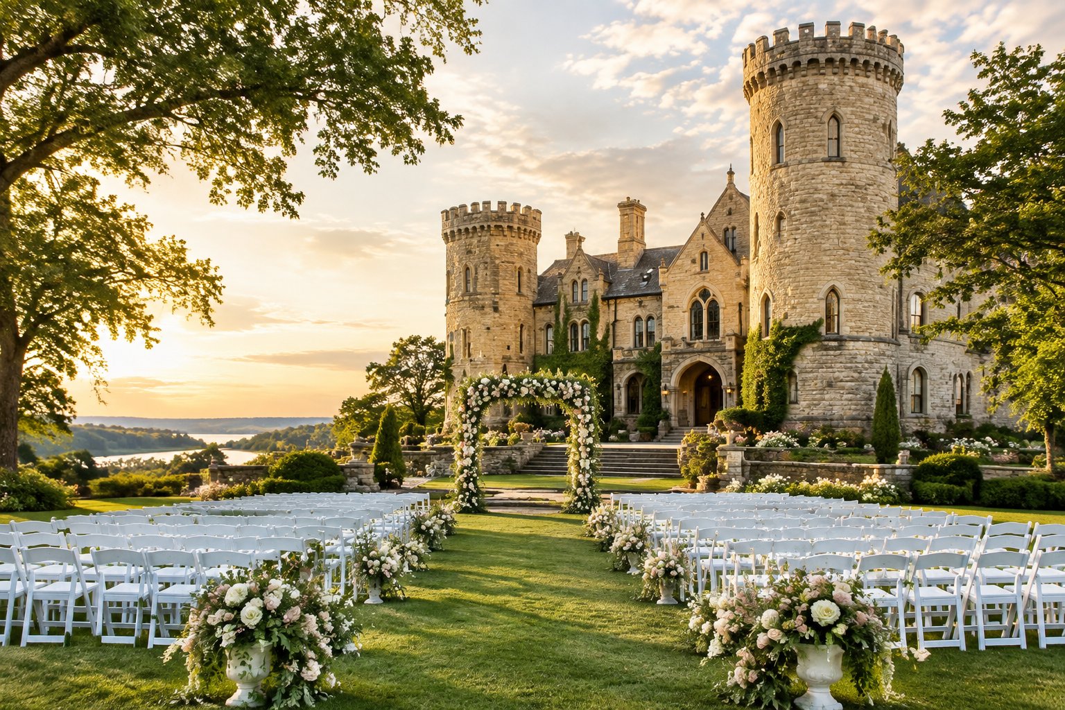A castle-style wedding venue beside a landscaped lawn with a floral ceremony arch and rows of white chairs.