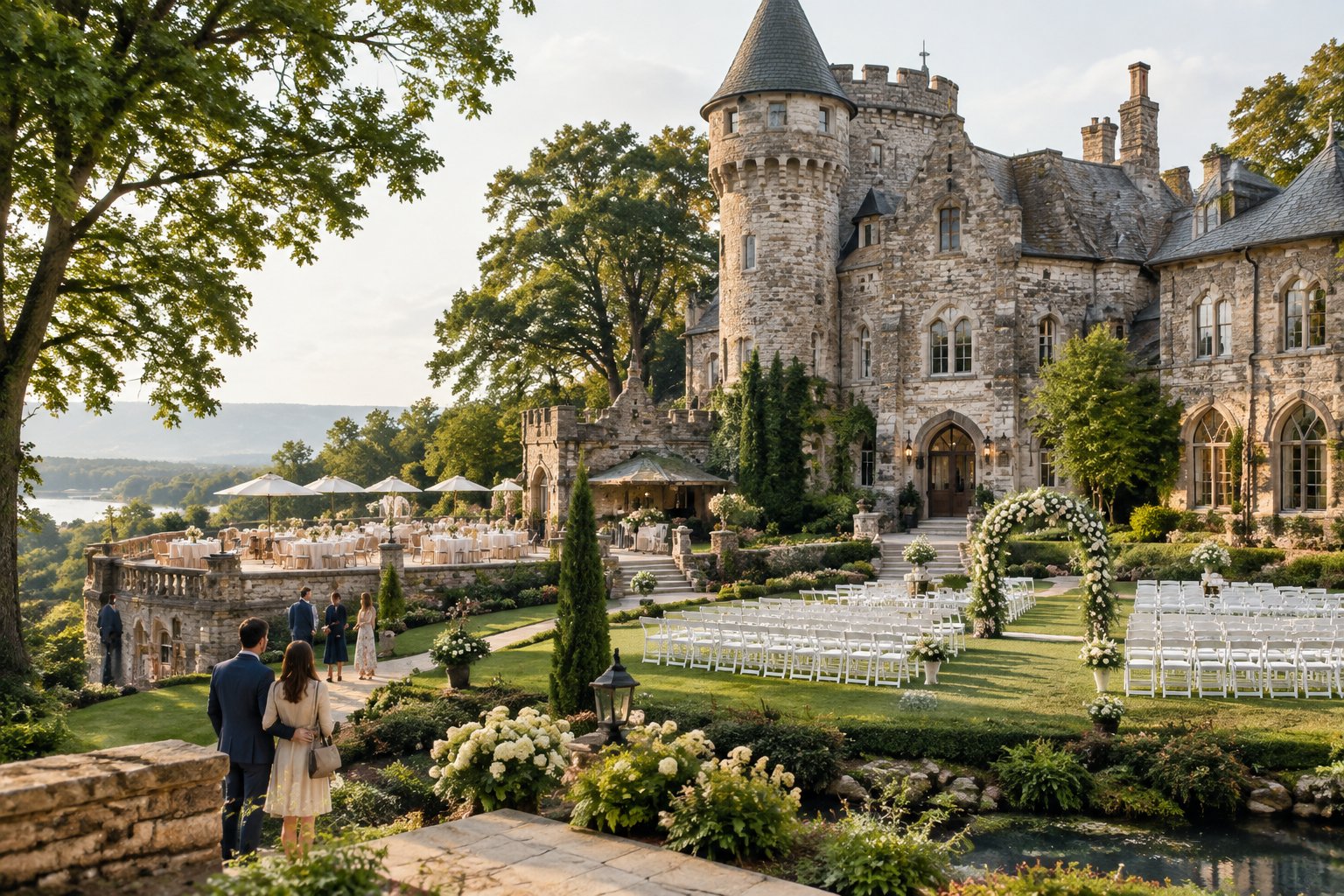 A couple surveys a landscaped castle wedding venue with a garden ceremony area and reception terrace.