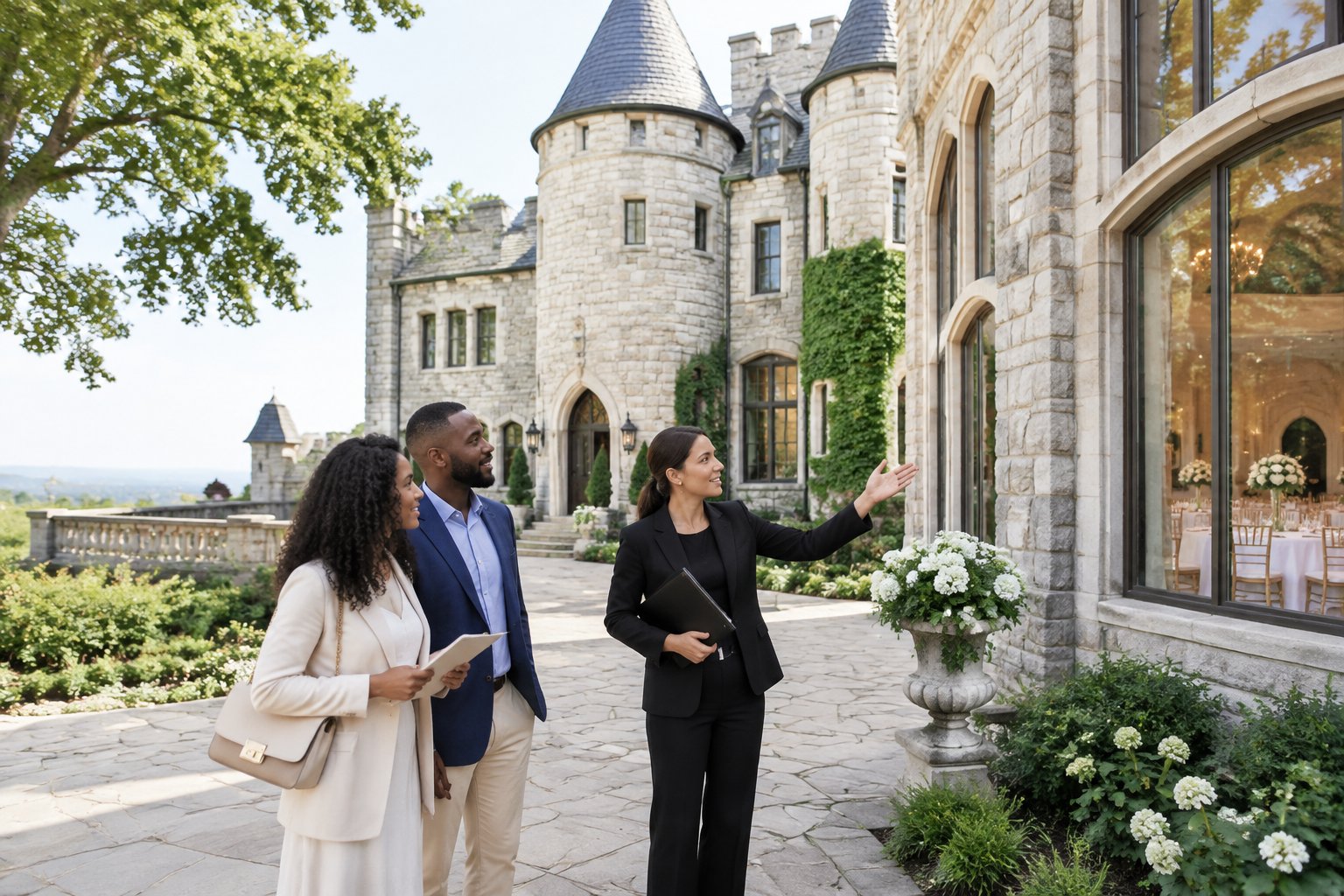 A couple tours a historic castle-style wedding venue with a coordinator in a landscaped courtyard.