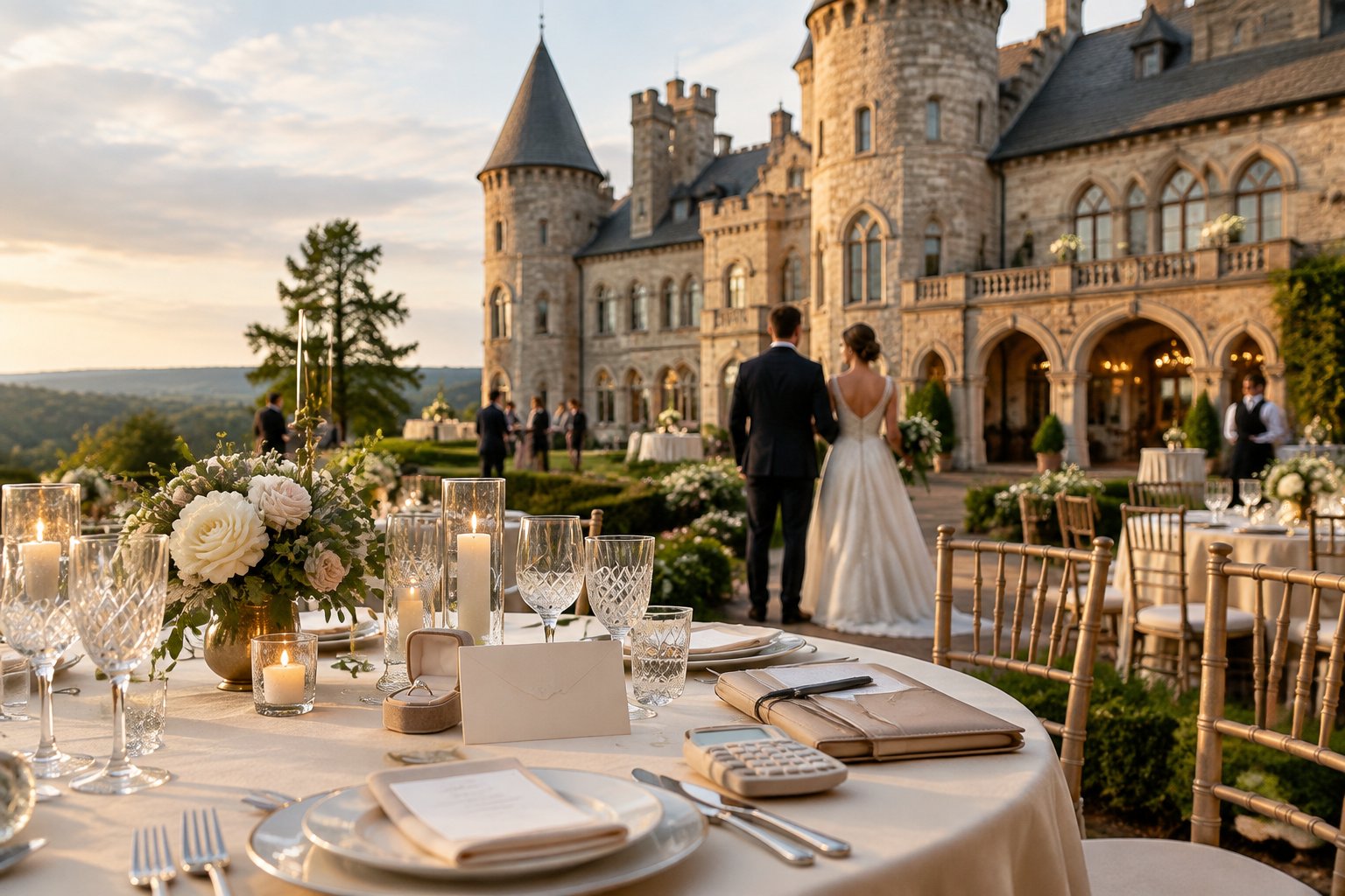 An elegant castle-like wedding venue with a decorated reception table and a couple viewing the grounds.