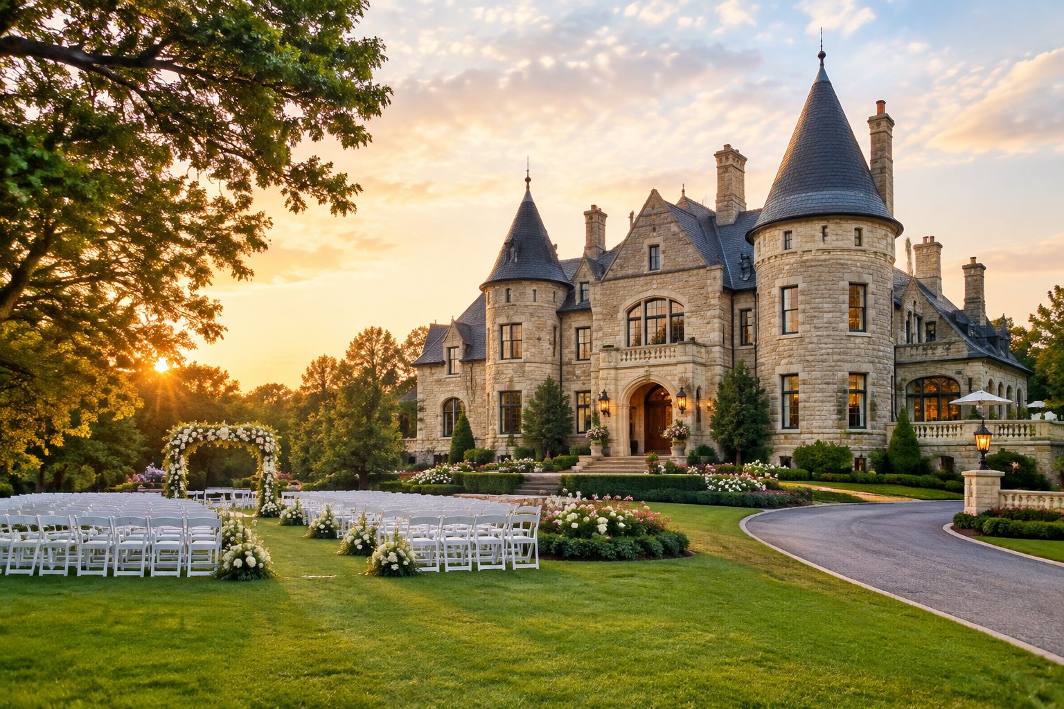 A castle-inspired wedding venue surrounded by gardens and landscaped grounds.