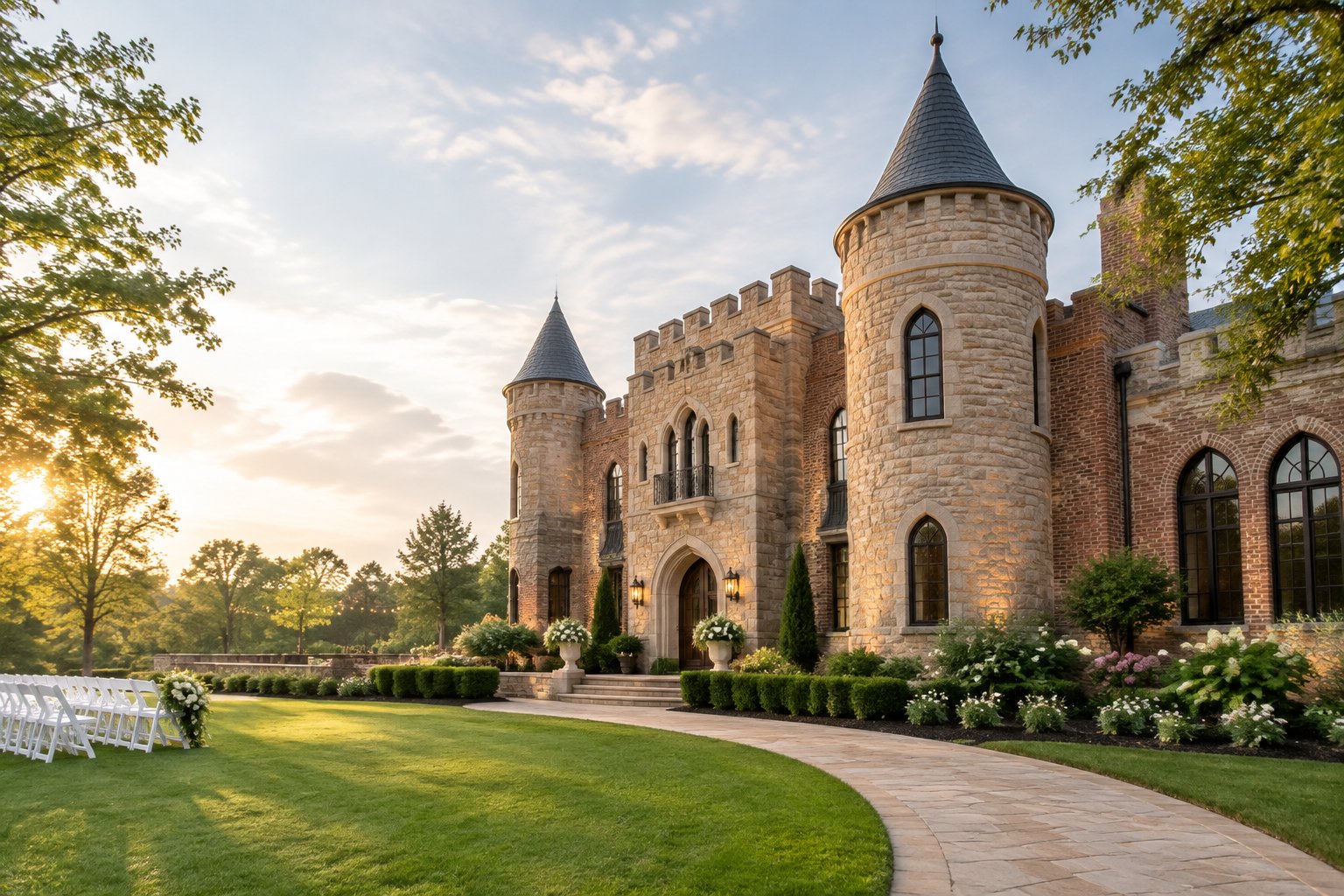 A castle-inspired wedding venue with stone architecture, landscaped grounds, and outdoor ceremony chairs.