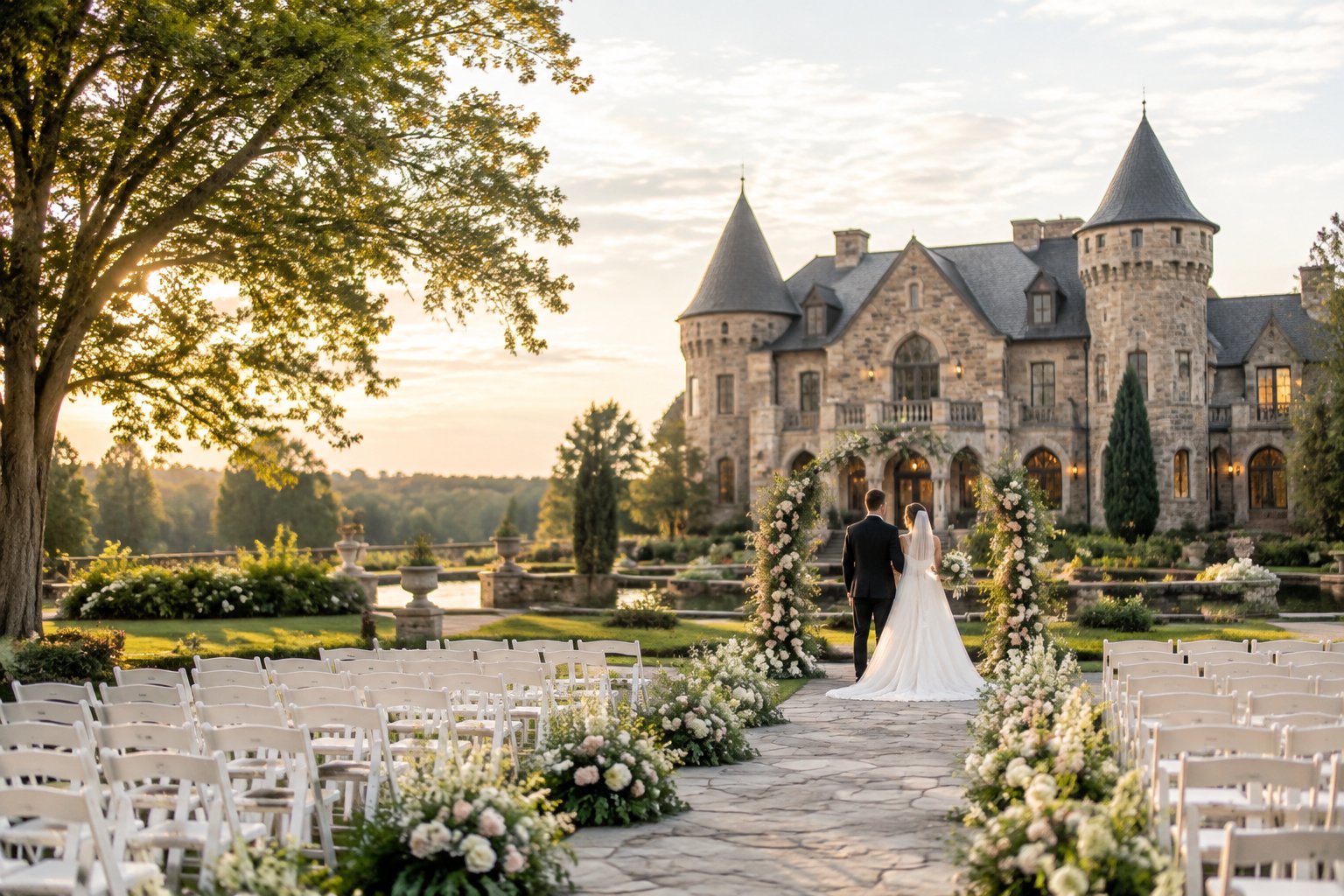 A couple stands near a flower-decorated wedding ceremony area in front of a romantic stone castle surrounded by gardens.