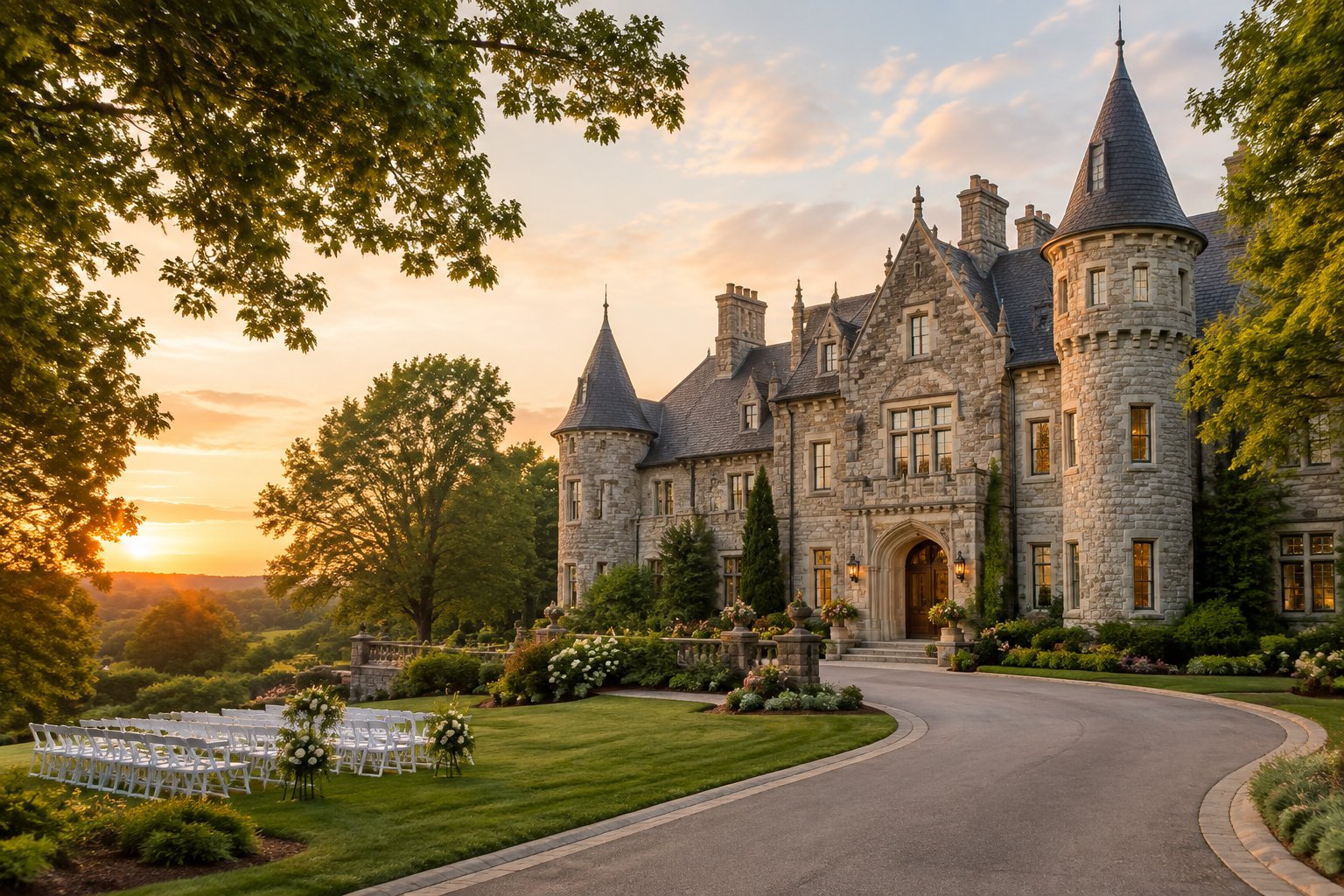 A stone castle-style wedding venue surrounded by gardens and mature trees.