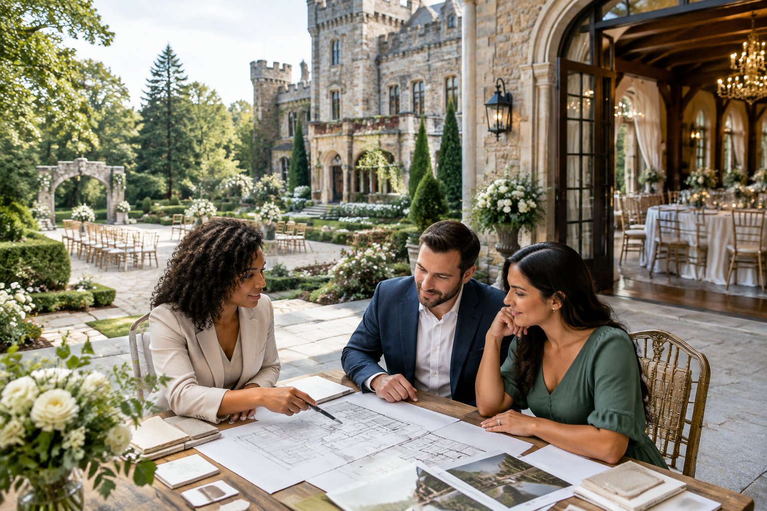 A couple compares wedding venue spaces with a planner at a castle-style venue surrounded by gardens.