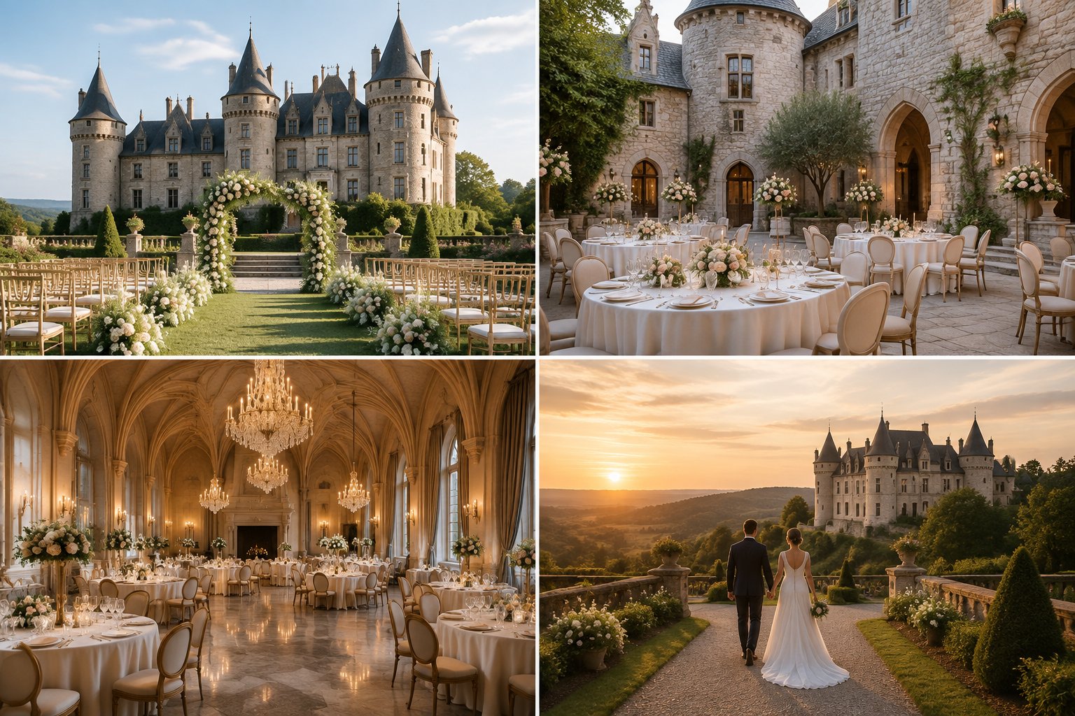 A four-panel collage showing elegant castle wedding venues, including gardens, a courtyard, a ballroom, and a countryside castle setting.