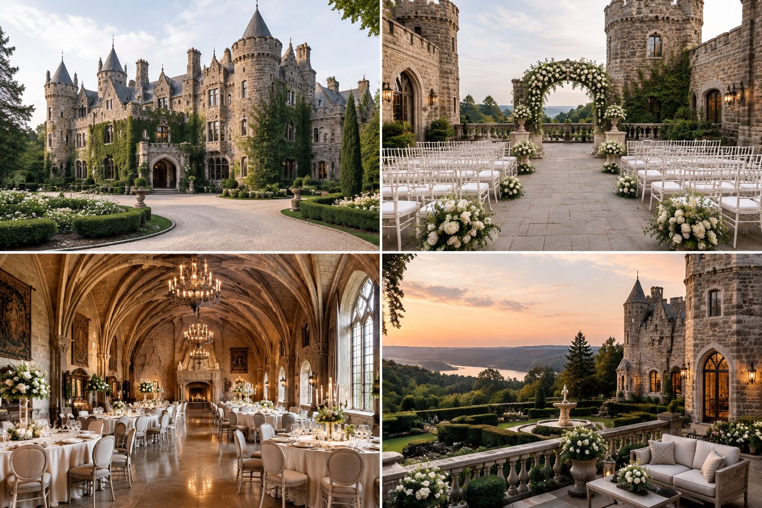 A four-panel view of a castle-inspired wedding venue, including its exterior, ceremony courtyard, decorated reception hall, and garden terrace.