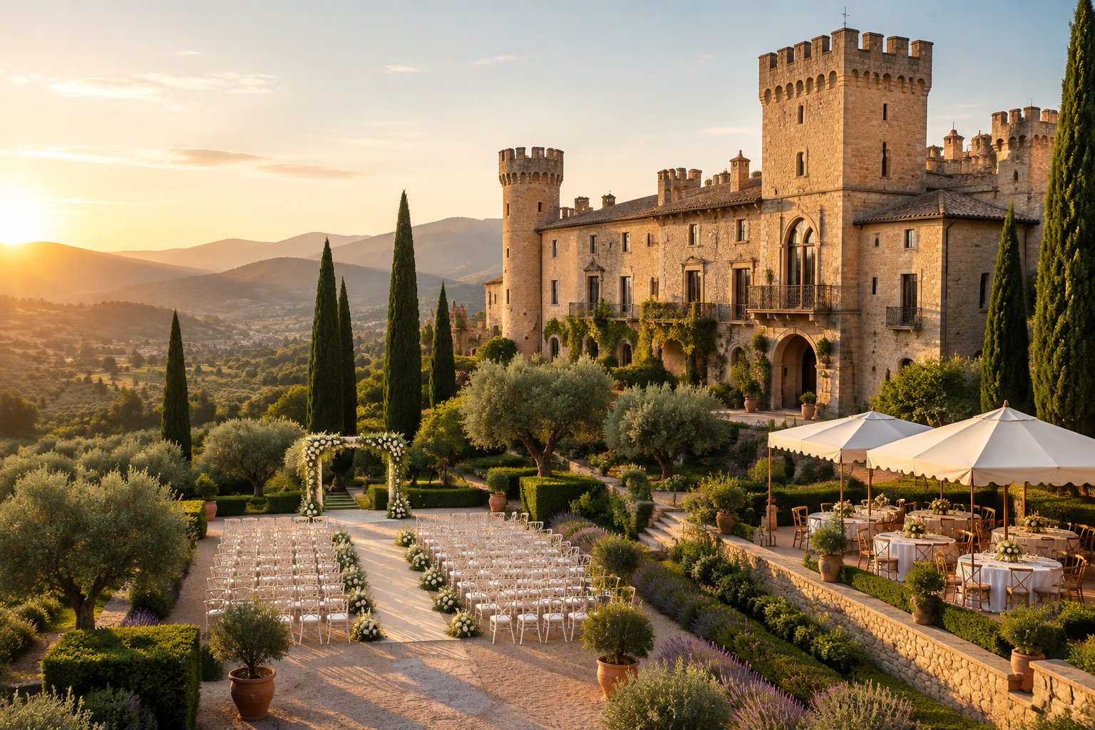A historic Spanish castle surrounded by formal gardens and an outdoor wedding ceremony setup.