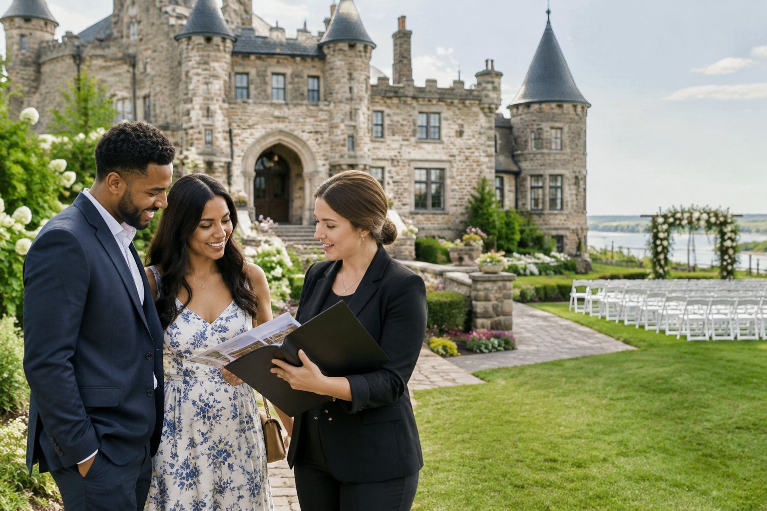 A couple tours a castle-style wedding venue with a wedding planner.