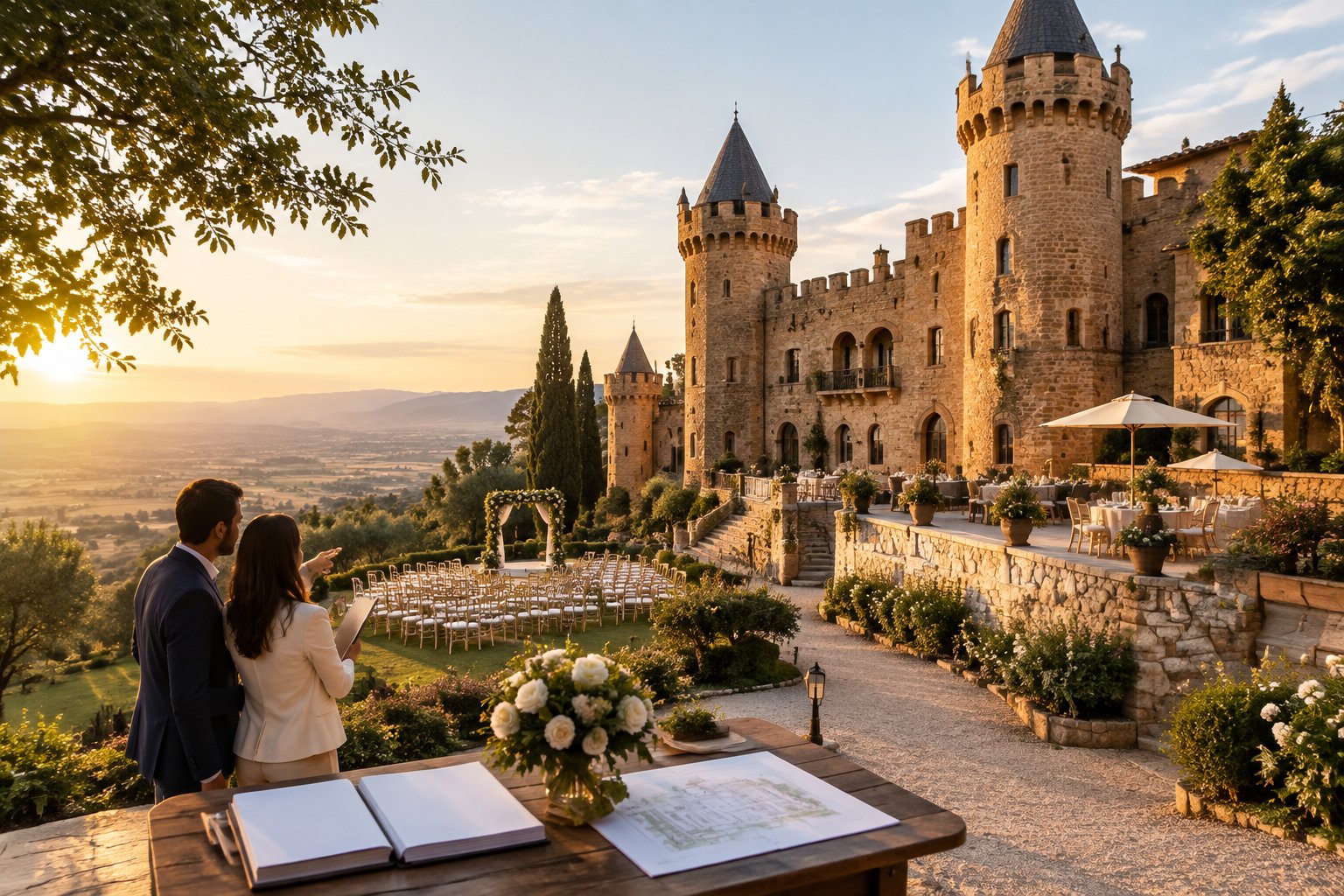 A couple reviews a Spanish castle wedding venue beside its garden ceremony area.