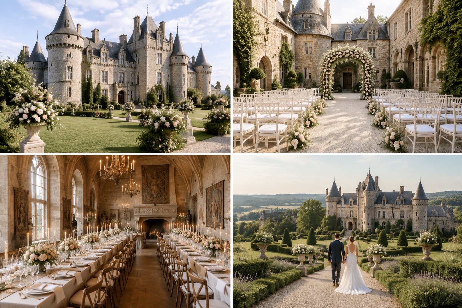 Four scenes showing elegant castle wedding venues, including exteriors, a courtyard ceremony, a decorated reception hall, and landscaped grounds.