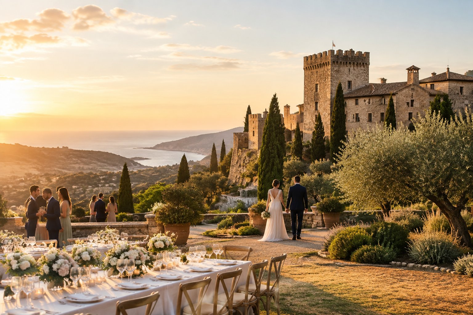 An elegant outdoor wedding setup beside a historic stone castle overlooking Mediterranean hills and the sea.