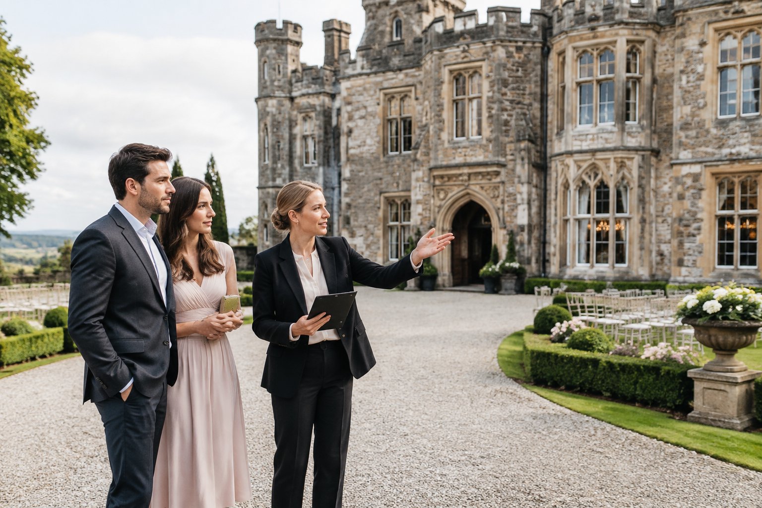 A couple discusses wedding venue plans with a coordinator outside a grand stone castle.