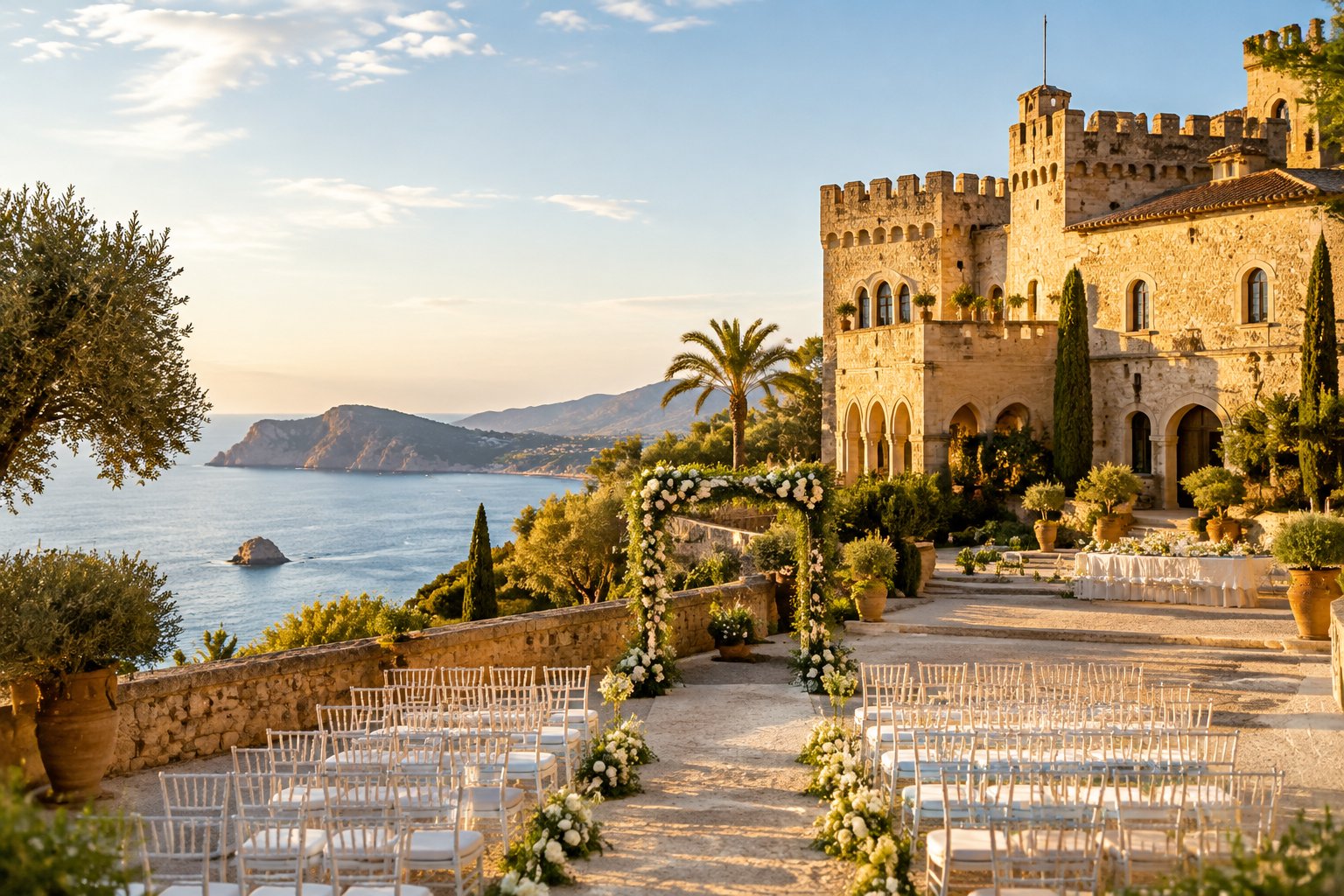 A historic Spanish castle surrounded by gardens with an elegant outdoor wedding ceremony setup.