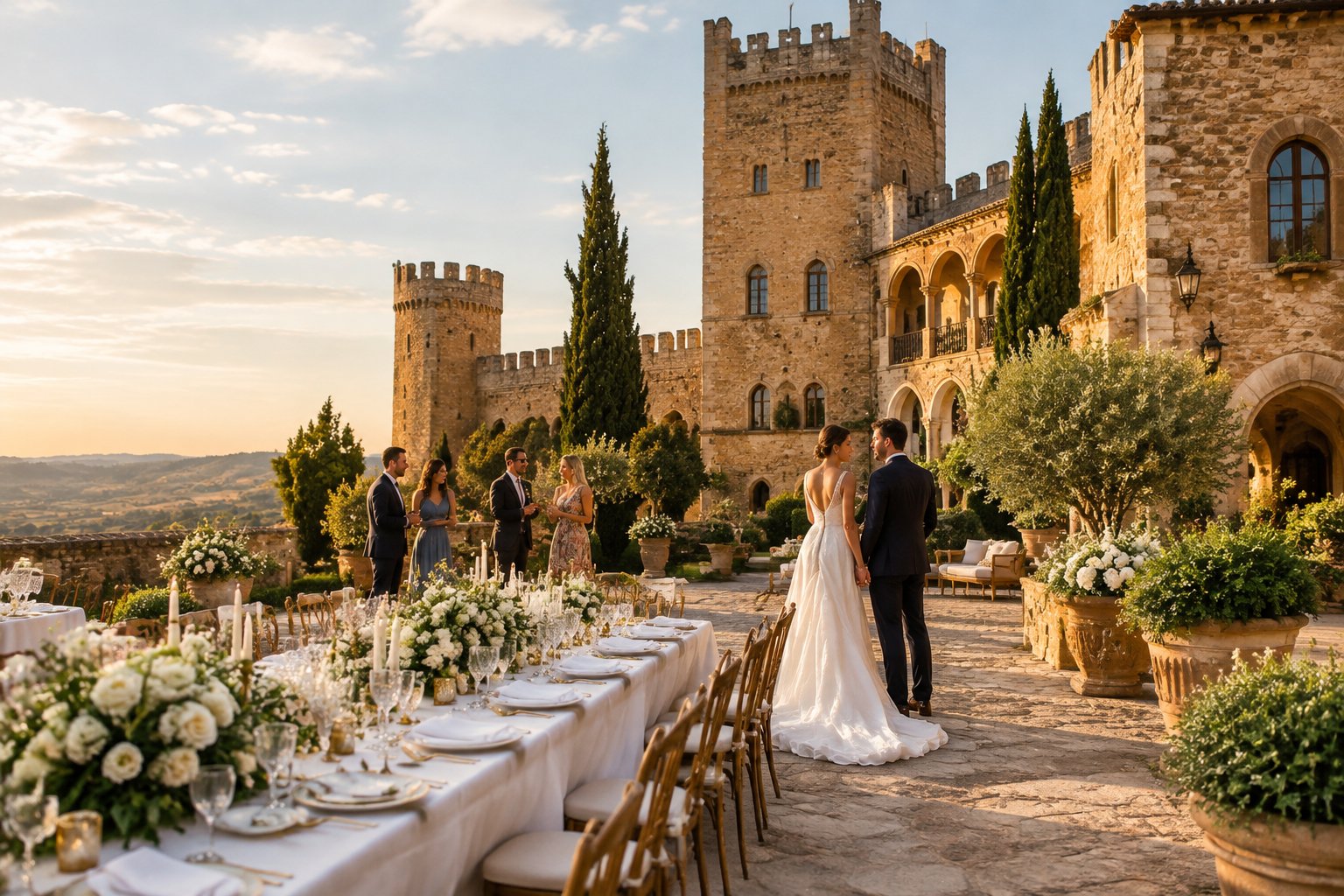 An elegant wedding reception in the courtyard of a historic Spanish castle.