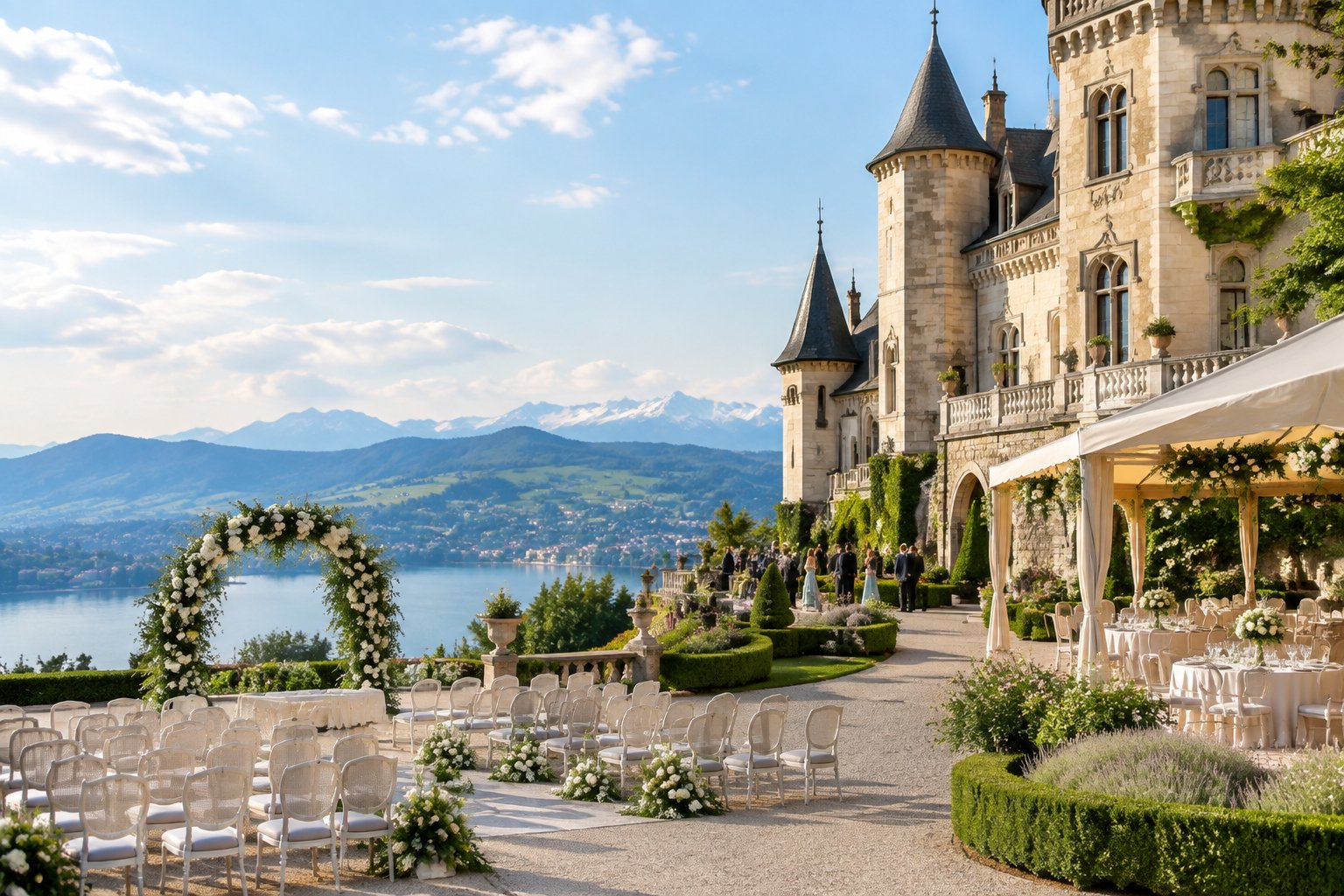 A historic castle wedding venue with a garden ceremony setup and Swiss mountains in the background.