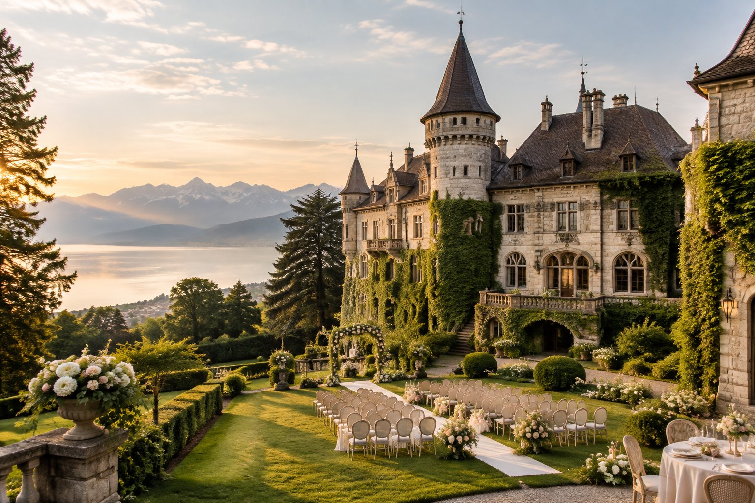 A historic Swiss castle surrounded by gardens with an elegant outdoor wedding setup.
