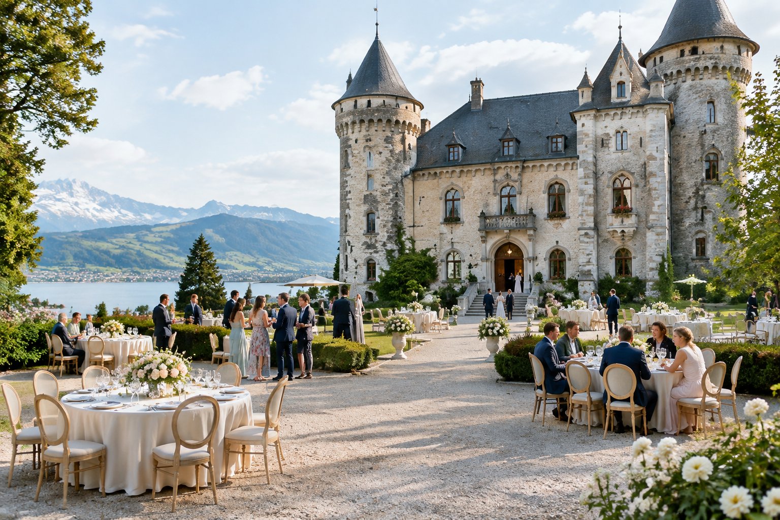 A castle wedding venue near Zurich with arranged reception tables, guests, and green Swiss scenery.