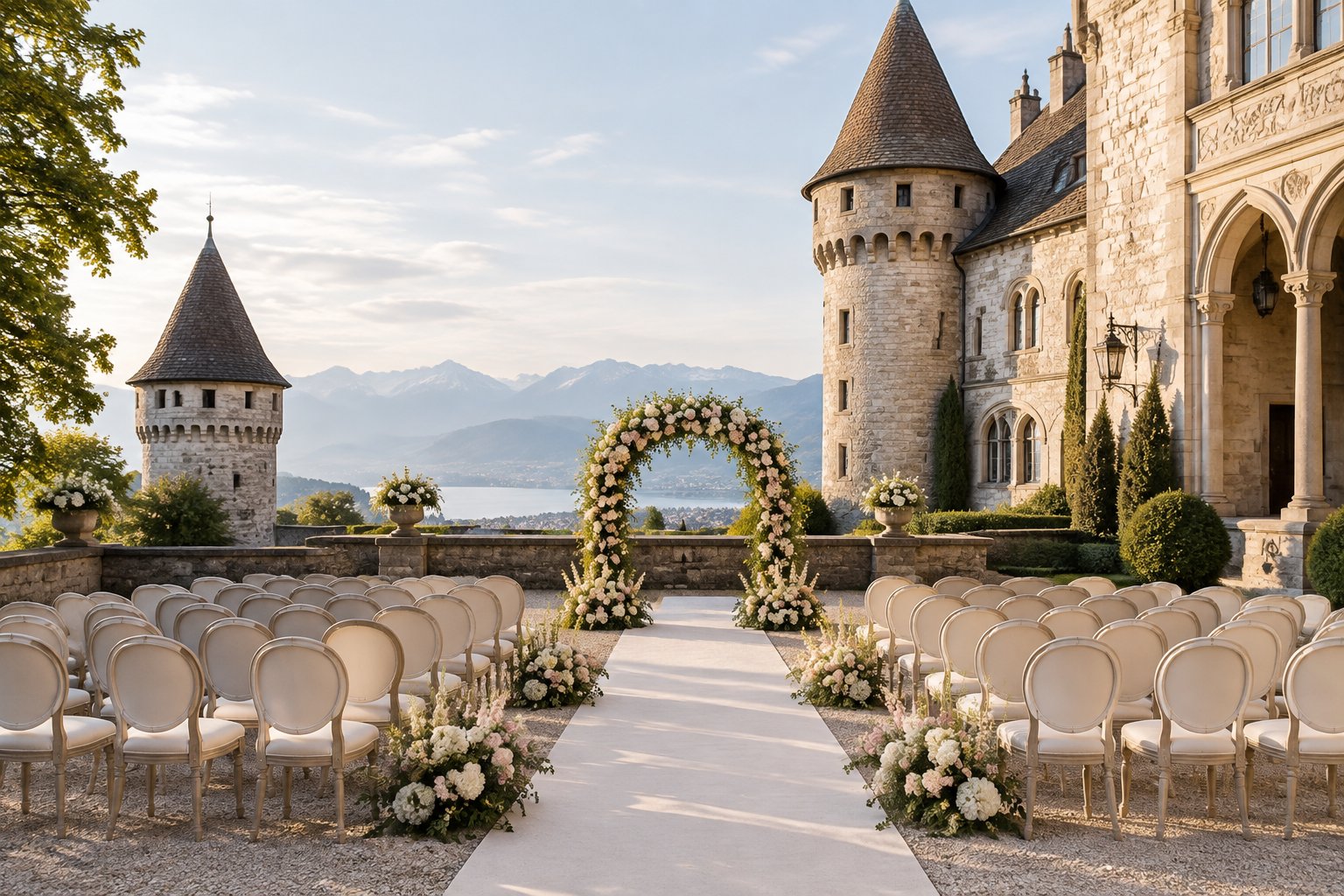 Outdoor wedding ceremony setup in the courtyard of a historic Swiss castle with Alpine foothills in the background.