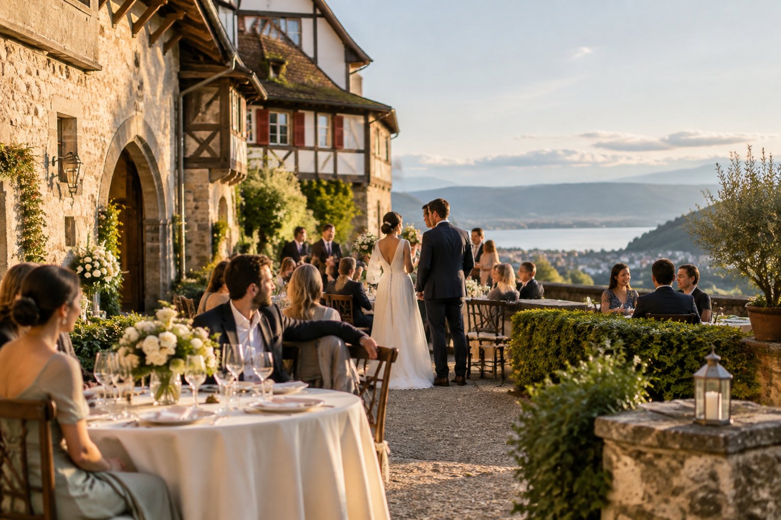 An elegant wedding reception in the courtyard of a historic Swiss manor with Alpine hills in the background.