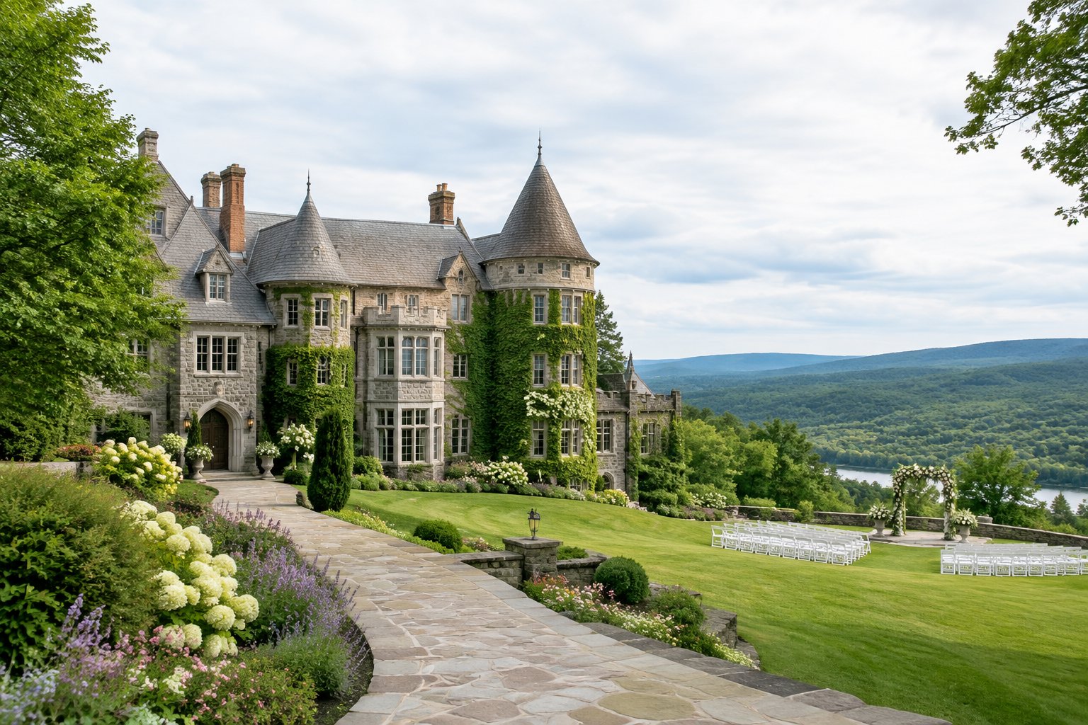 A castle-style wedding venue surrounded by gardens and green hills in Quechee.