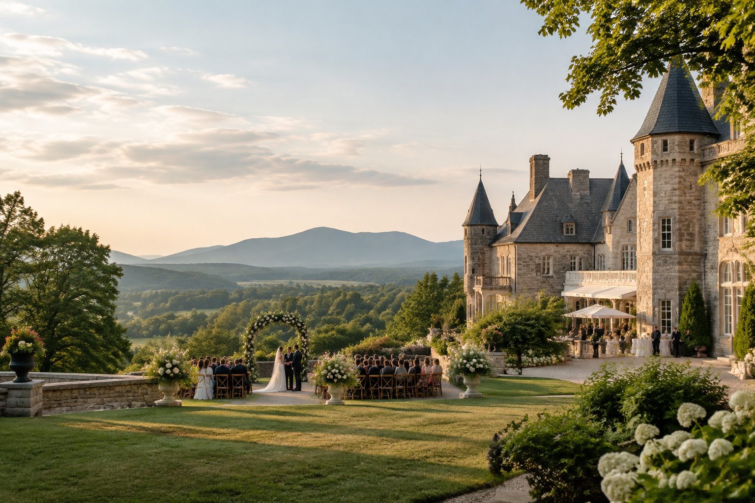 A couple and guests gather outside a castle-style wedding venue in the Vermont countryside.
