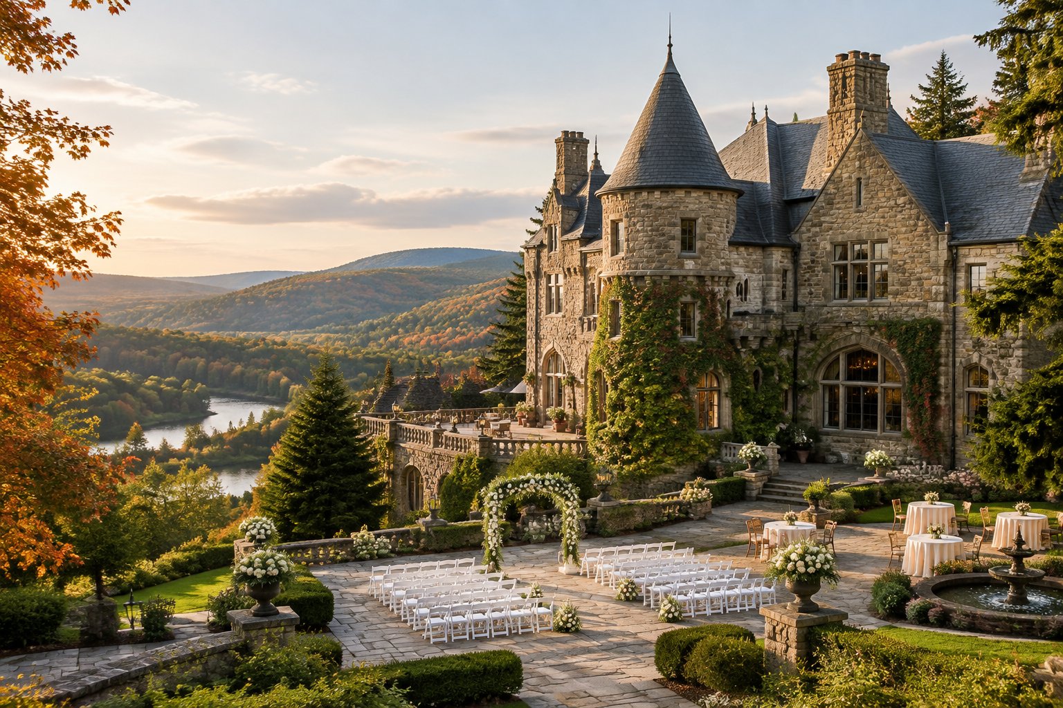 A historic stone castle-style wedding venue surrounded by gardens and rolling green hills.