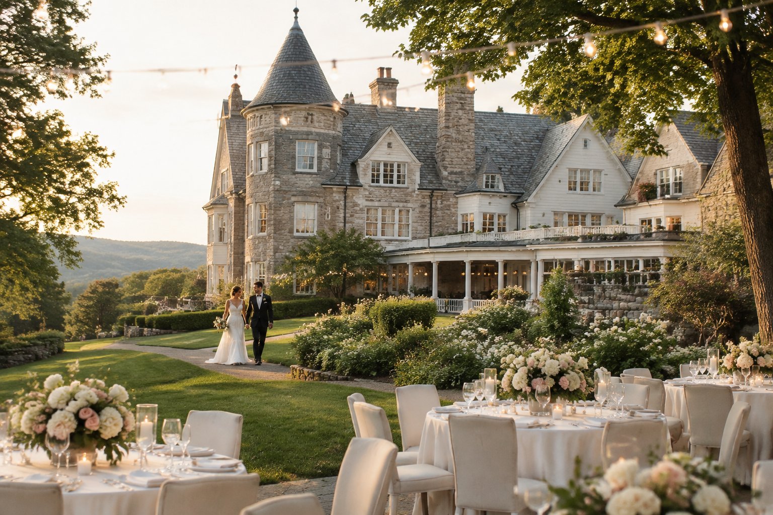 A couple in formal wedding attire walks through the garden of a grand historic inn prepared for an elegant outdoor reception.