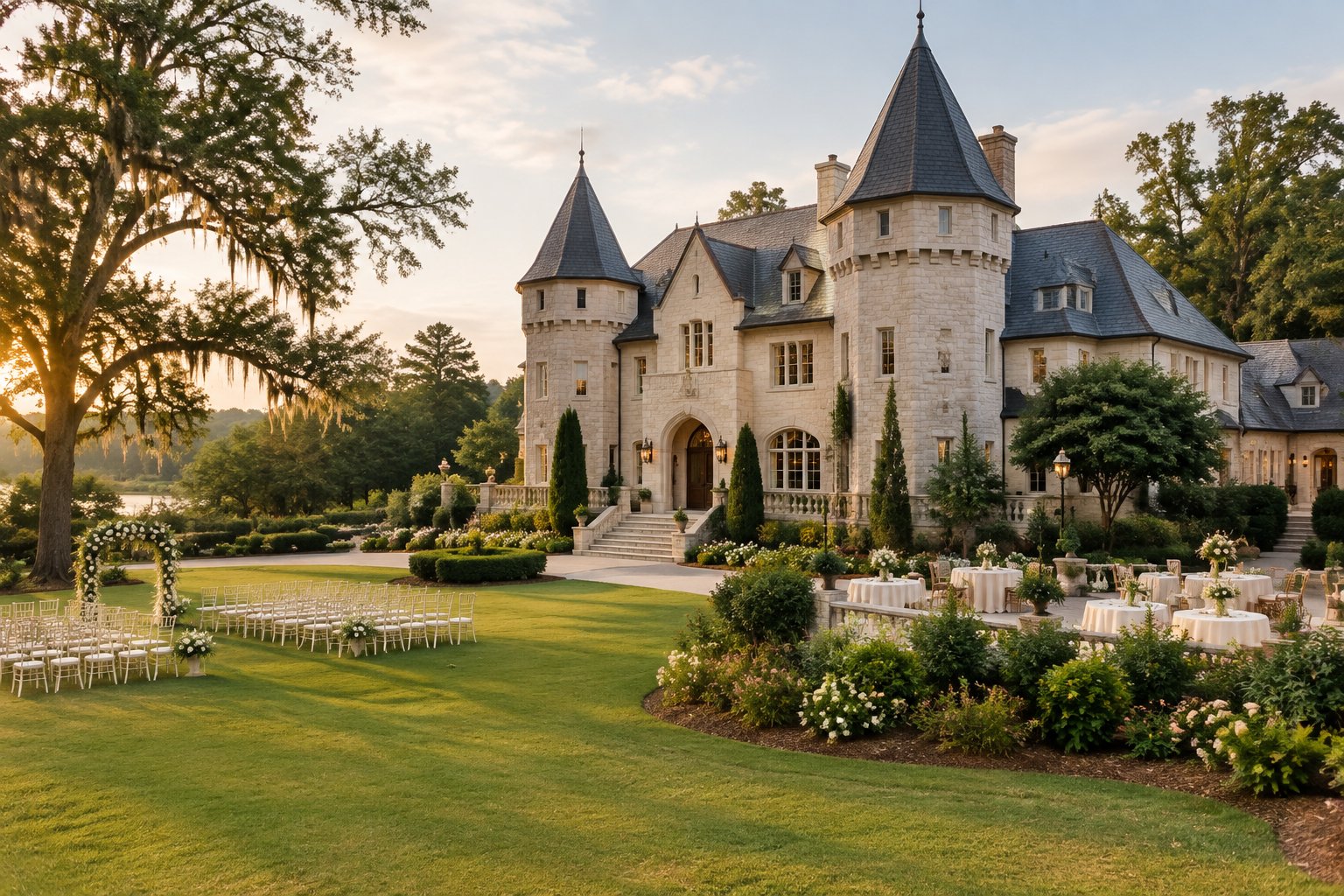 A castle-style wedding venue surrounded by manicured lawns, gardens, and elegant outdoor wedding decorations.