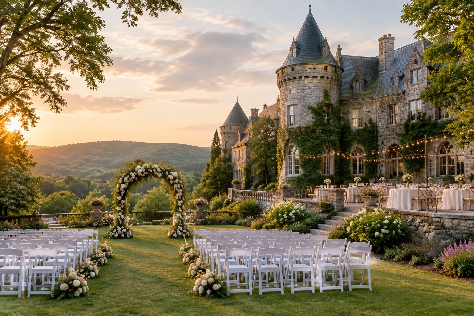 A stone castle wedding venue overlooking a green Vermont landscape, with a floral ceremony arch and elegant reception tables in the gardens.