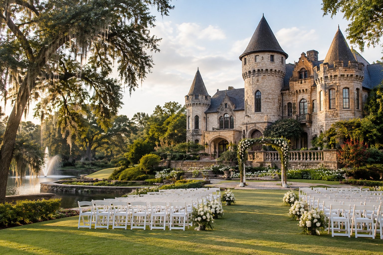A castle-style wedding venue surrounded by gardens with a decorated outdoor ceremony area.