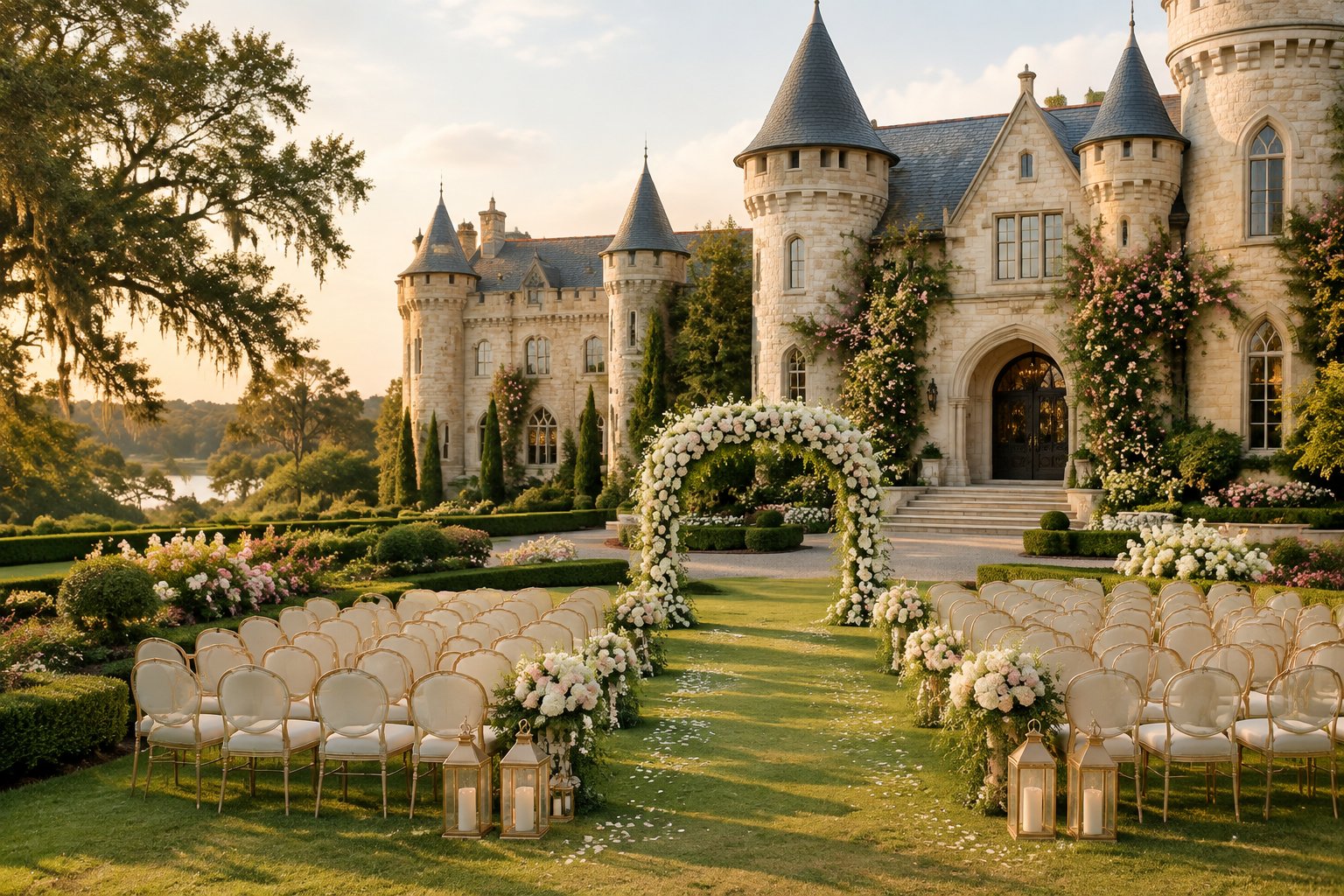 A grand castle-inspired wedding venue with formal gardens and a decorated outdoor ceremony area.