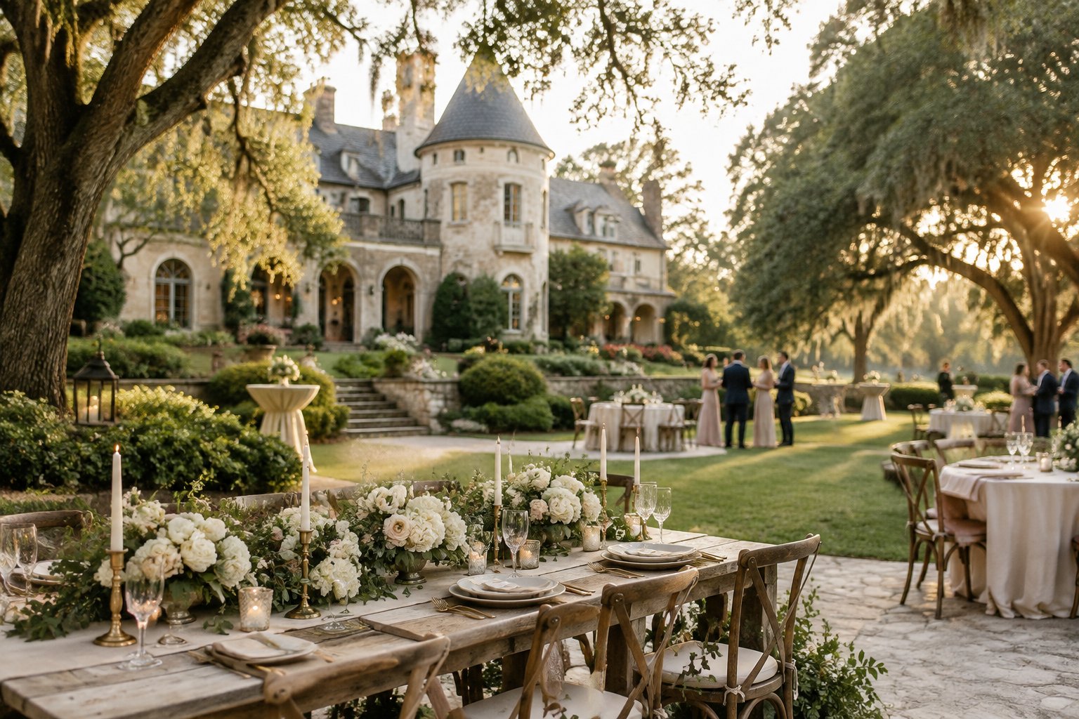 Elegant outdoor wedding reception at a rustic estate with château-inspired architecture, oak trees, wooden tables, and soft floral decorations.