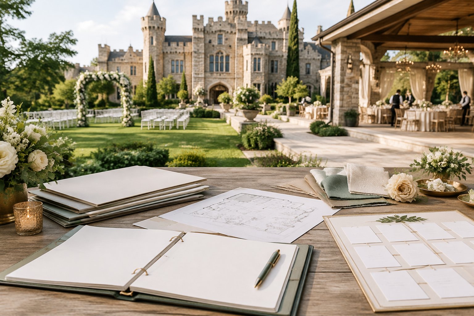Wedding planning materials arranged outdoors with a castle-style venue, reception terrace, and landscaped grounds in the background.