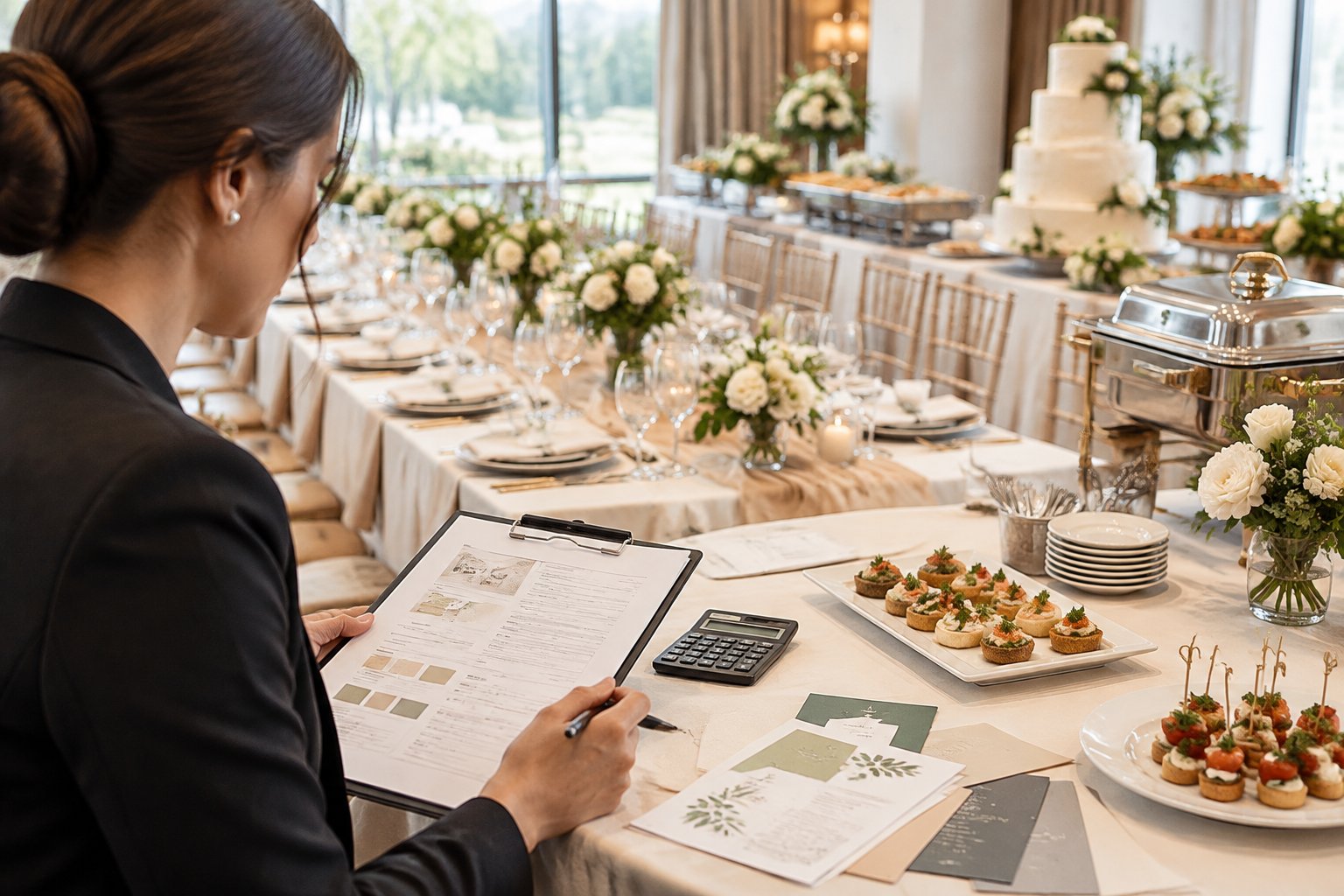 A wedding catering planner reviews a budget beside an elegantly set reception table.
