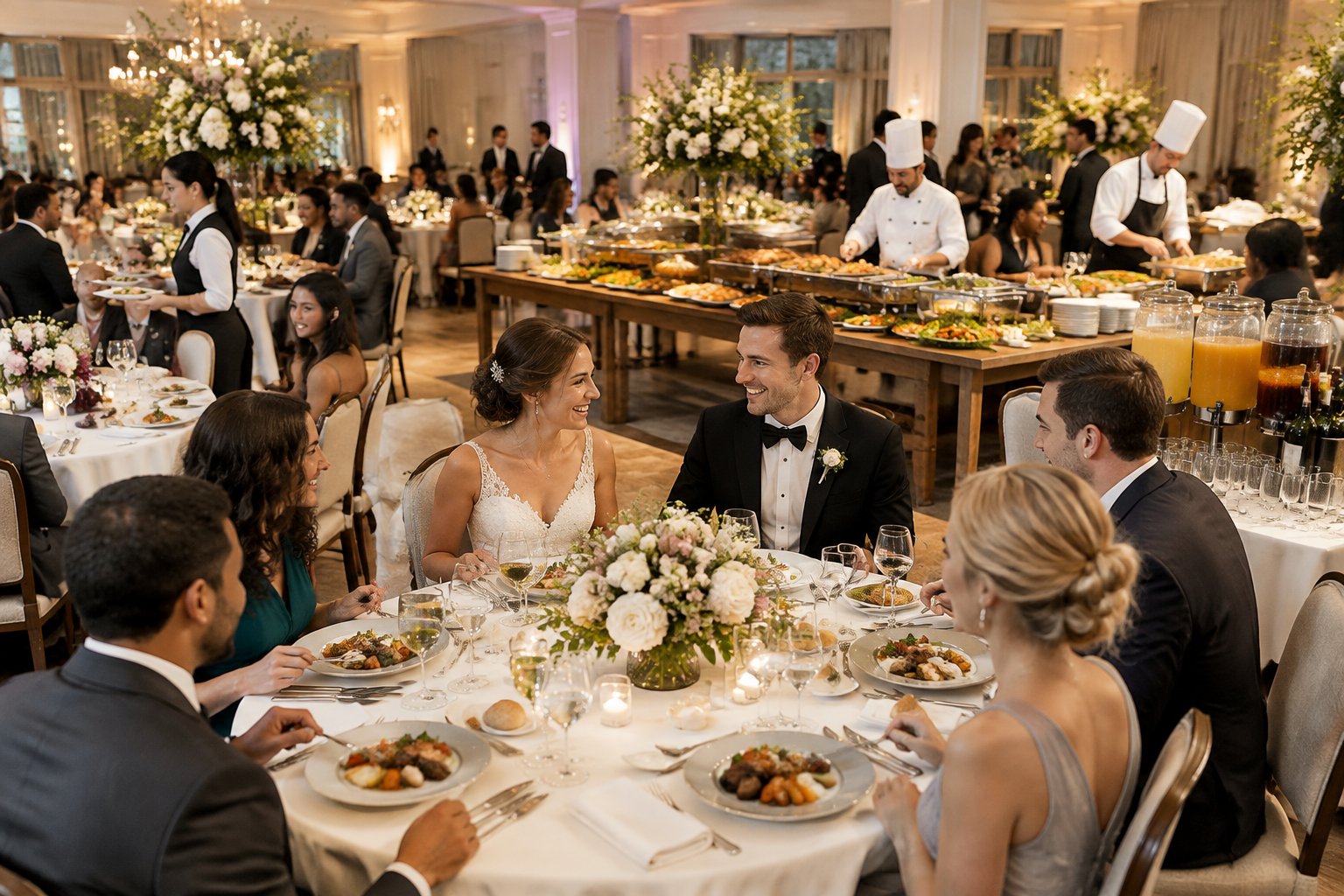 Catered wedding reception with decorated tables, plated meals, serving stations, and guests dining.