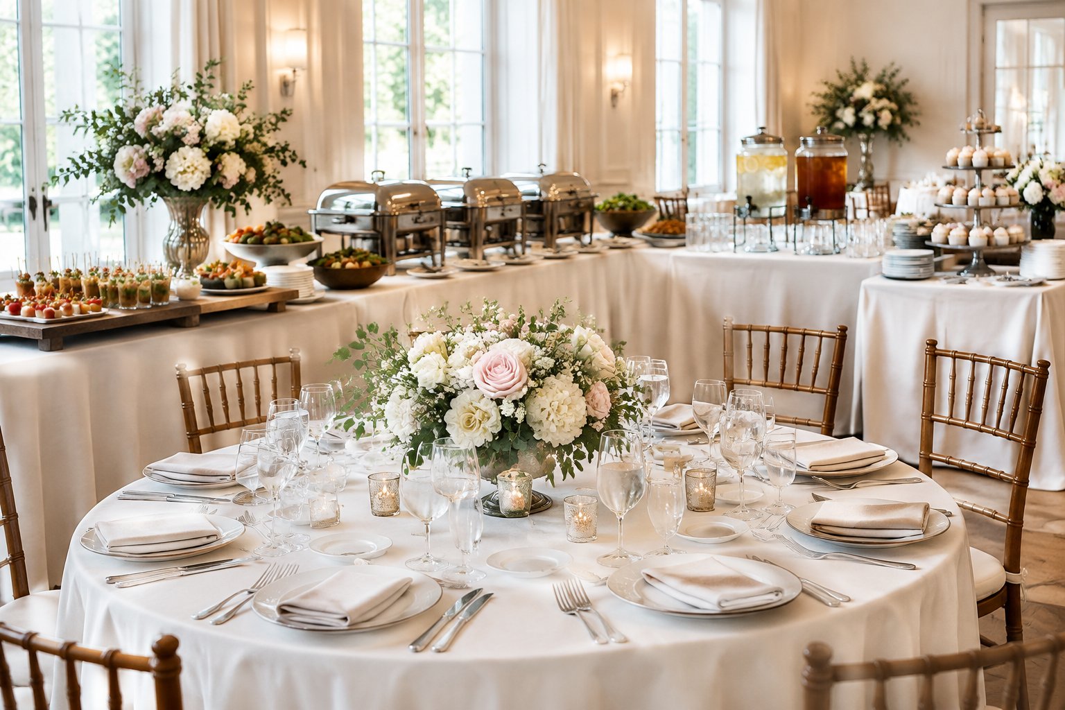 Elegant wedding reception buffet and dining table prepared for catering guests.