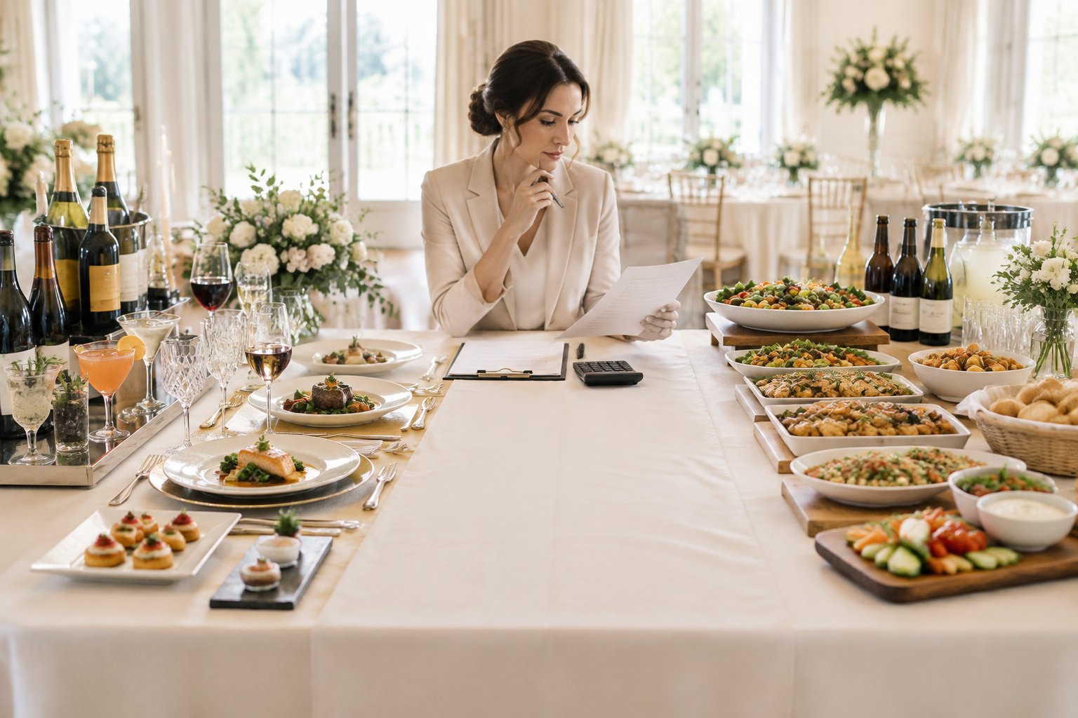 A wedding planner compares plated meals, buffet dishes, and bar options at a reception table.