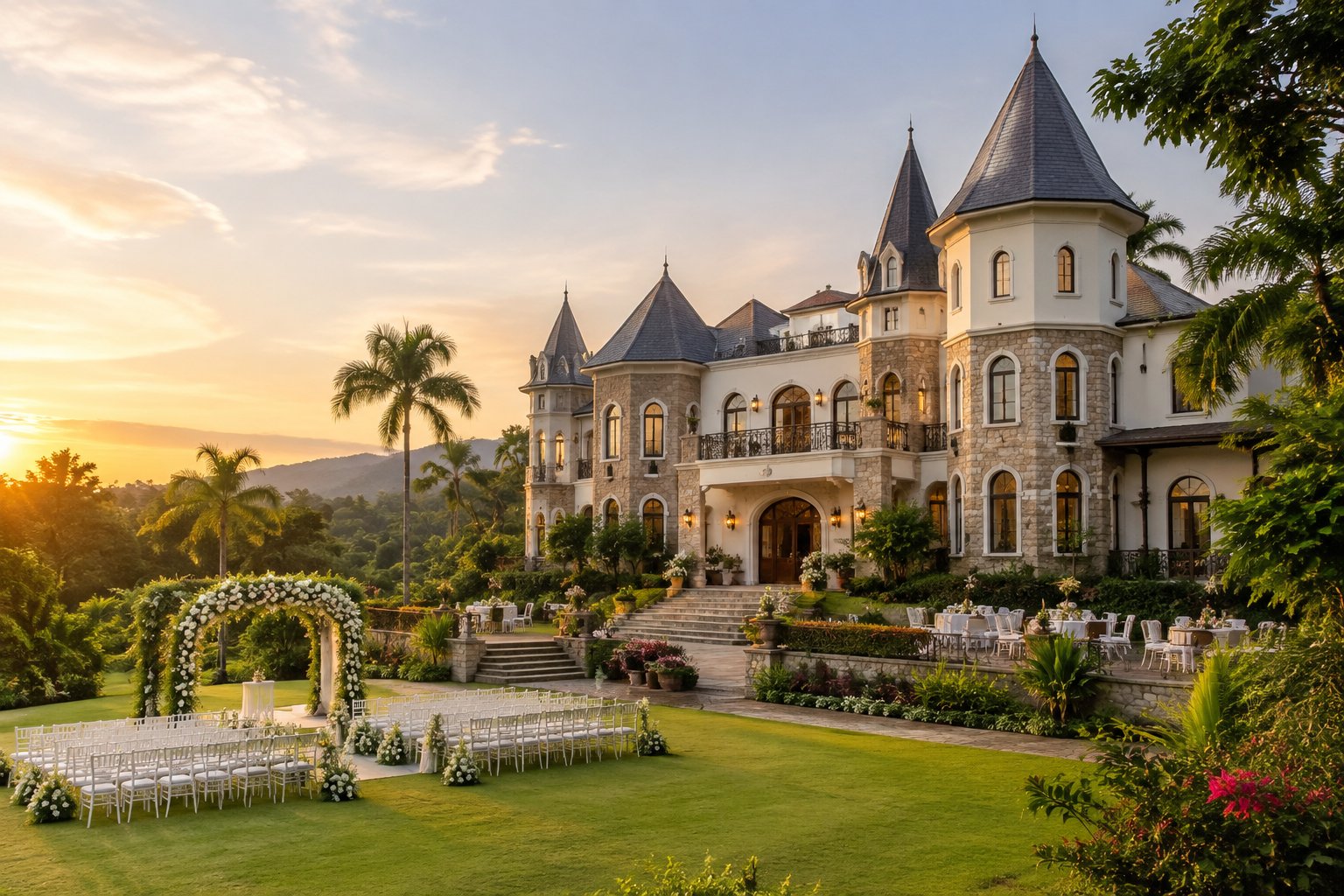 A castle-style wedding venue surrounded by tropical gardens in Quezon, Philippines.