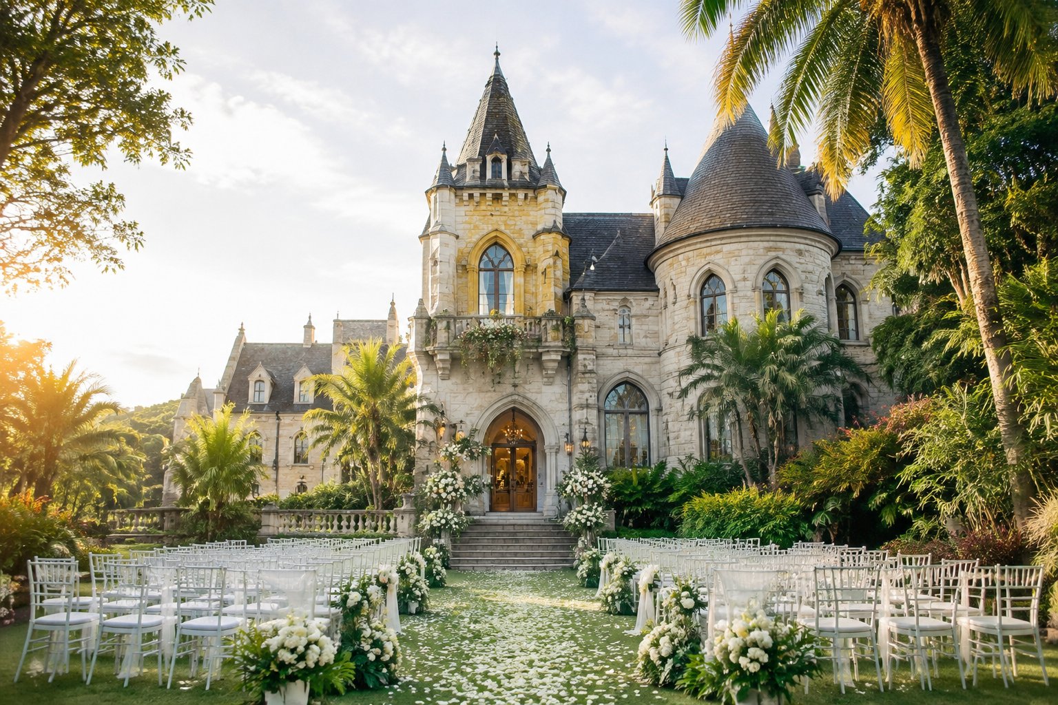 A grand castle-style wedding venue surrounded by tropical greenery and a prepared outdoor ceremony area.