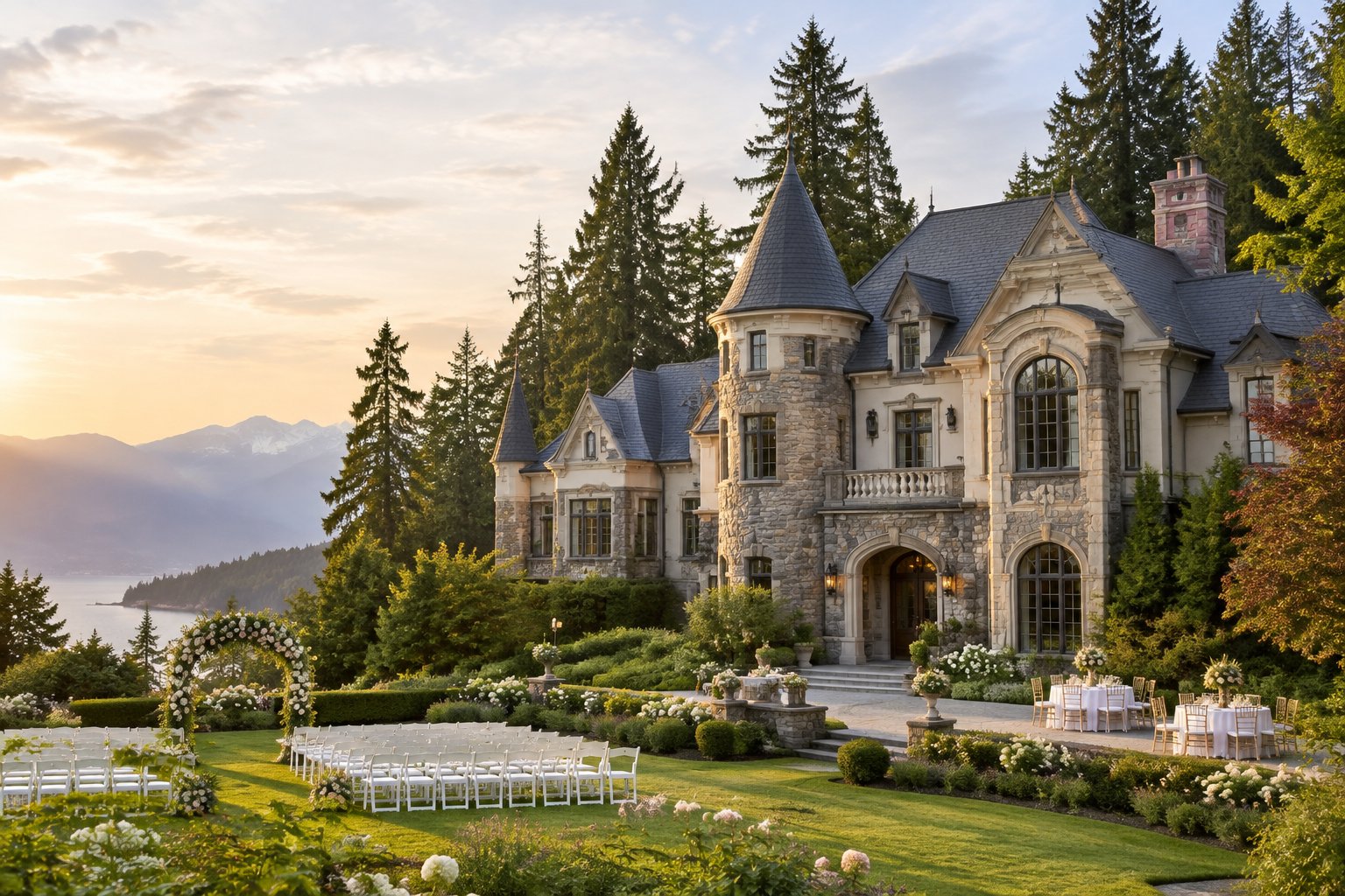 A grand castle-style wedding venue surrounded by gardens, evergreen trees, and mountains near Vancouver.
