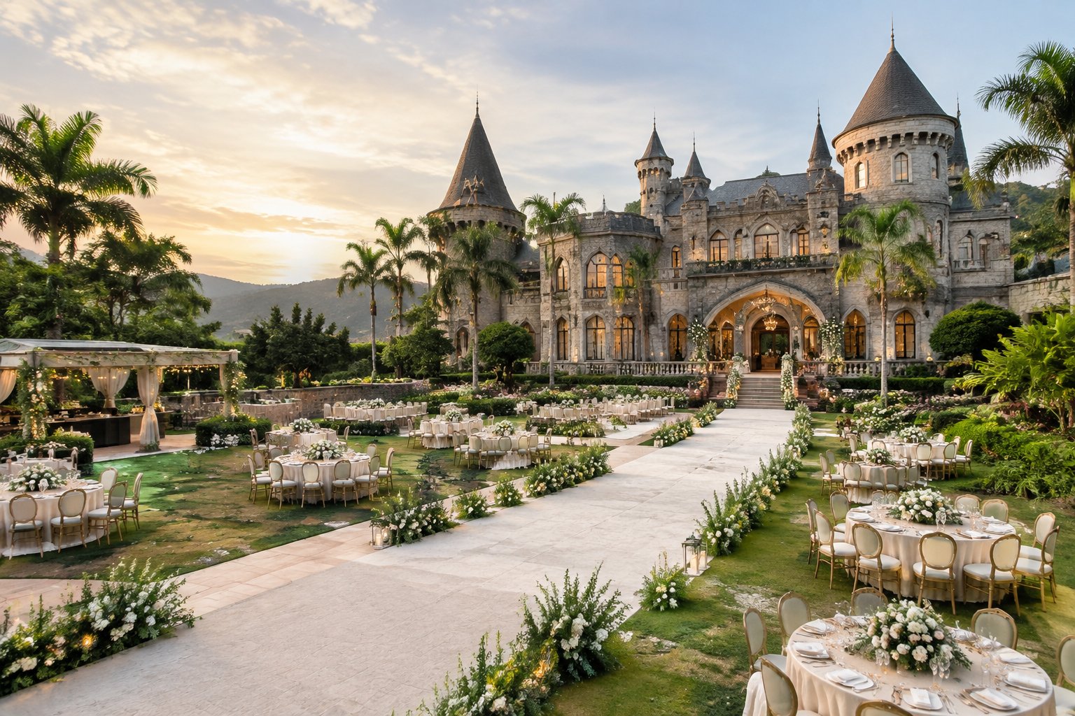 A castle-style wedding venue in Quezon with spacious garden seating and elegant reception tables.