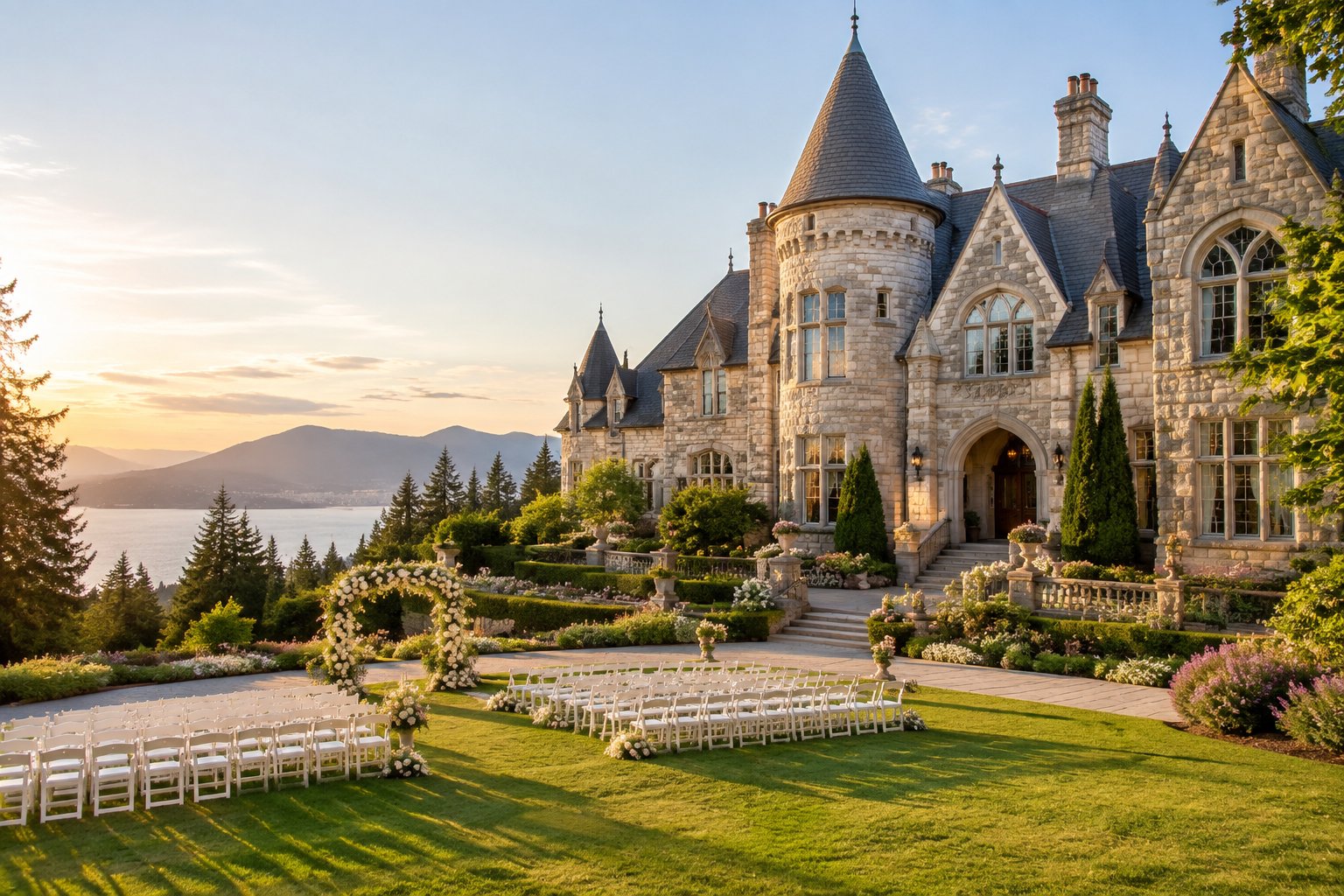 A grand castle-style wedding venue surrounded by landscaped gardens and an outdoor ceremony setup.