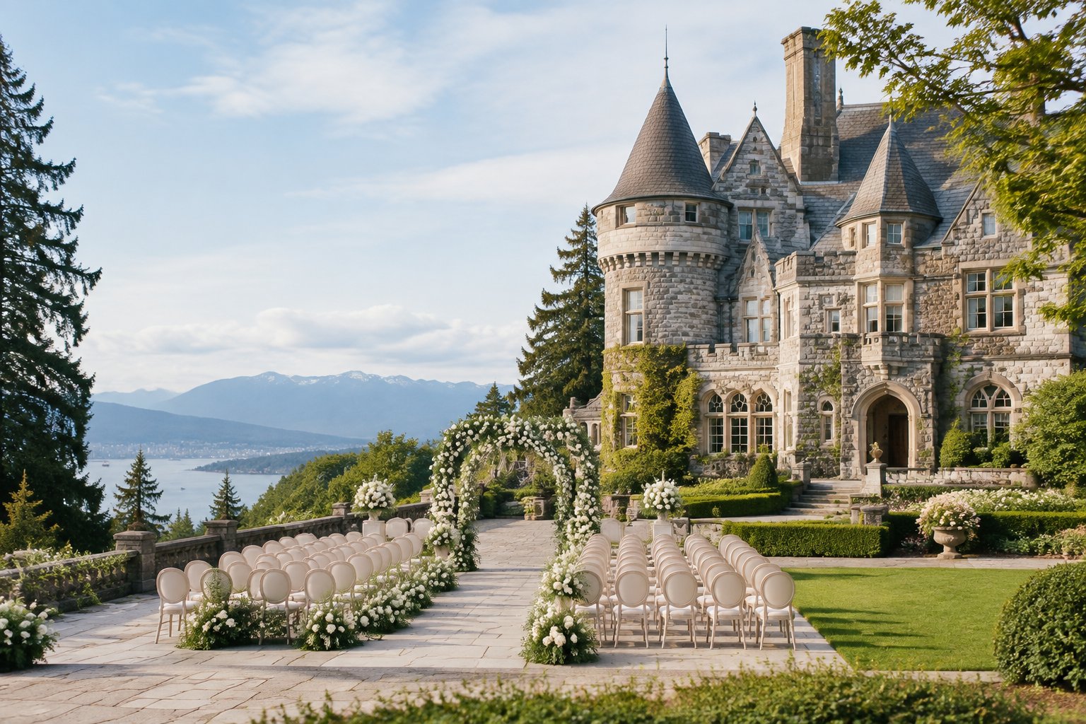 A grand castle wedding venue surrounded by gardens with an elegant outdoor ceremony setup.