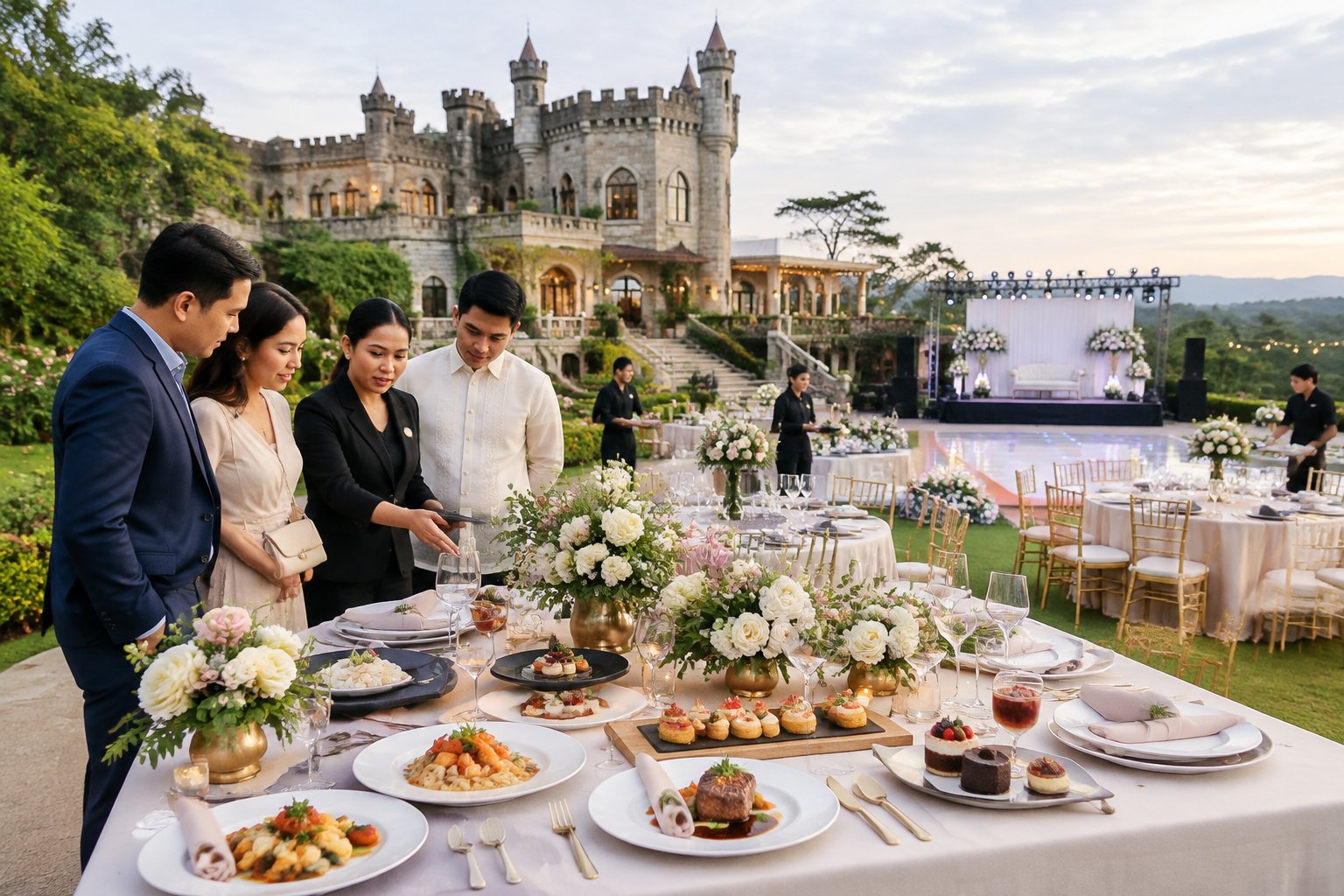 A castle-style wedding venue in Quezon with plated dishes, elegant table settings, and guests reviewing reception arrangements.