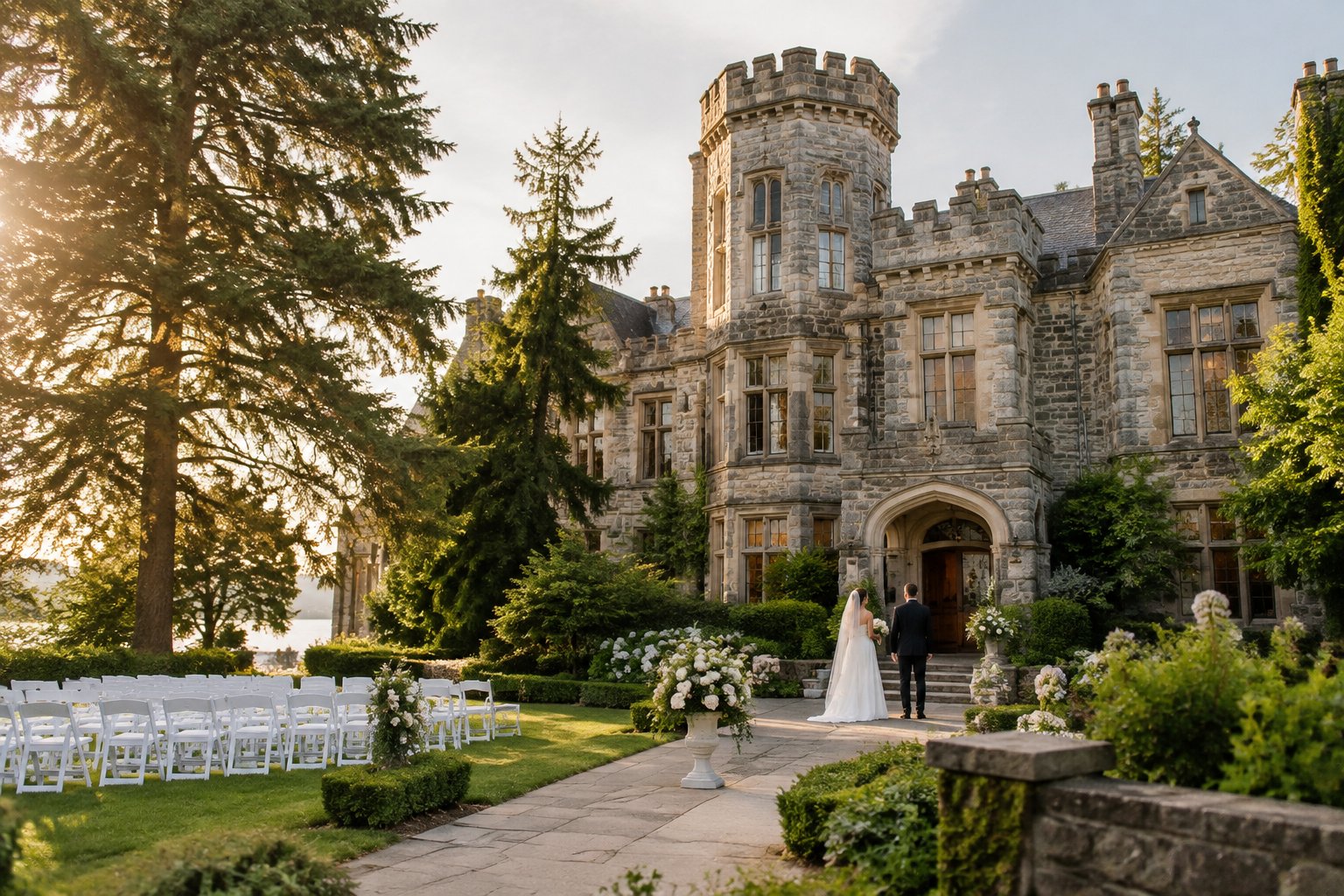 A historic castle-style wedding venue with stone towers, gardens, and a formal outdoor ceremony setup.