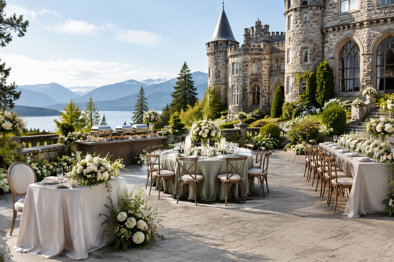 Castle wedding venue with garden reception tables arranged in different sizes and styles.