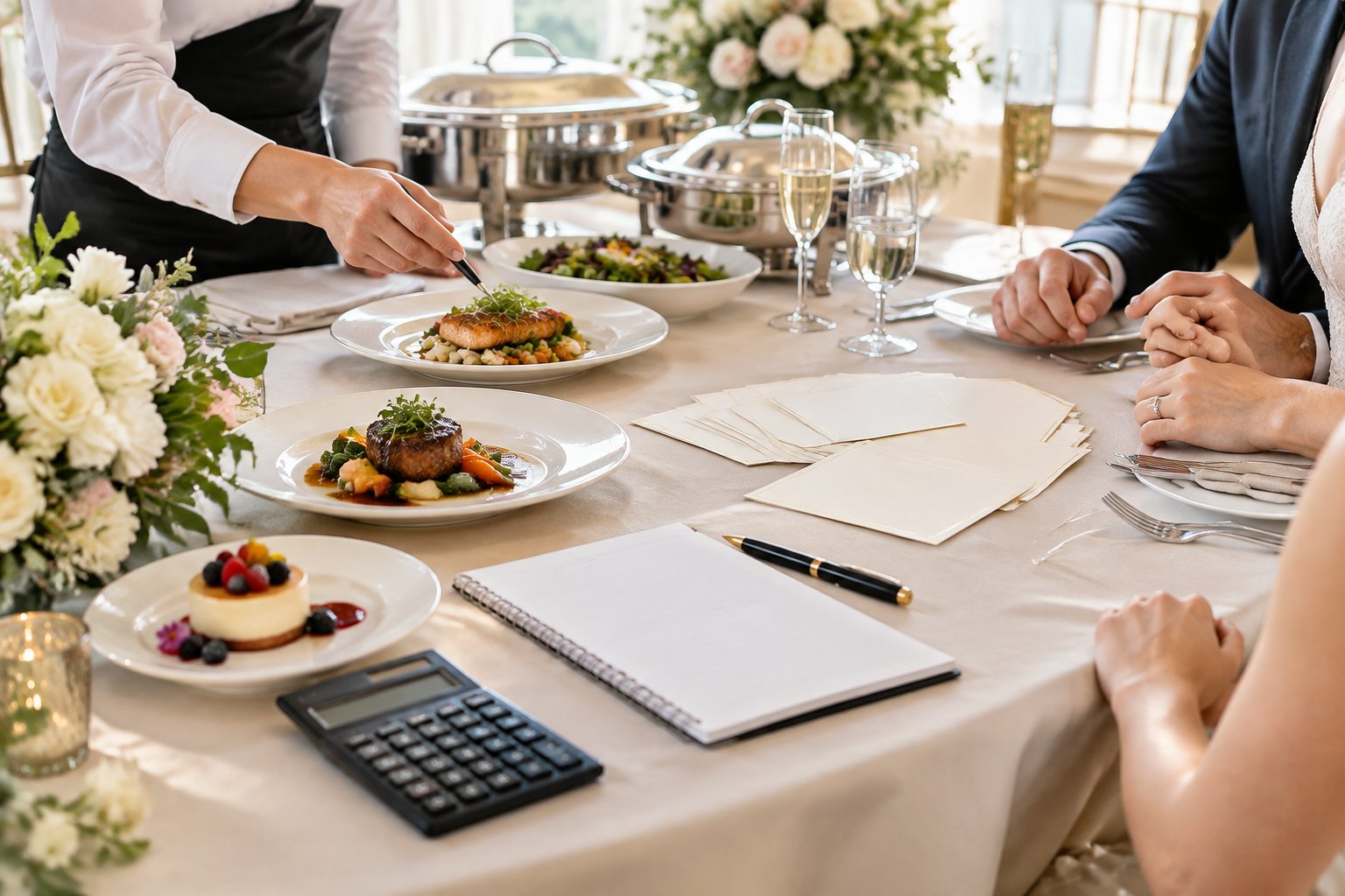 A couple and catering professional review wedding food arrangements and table settings.