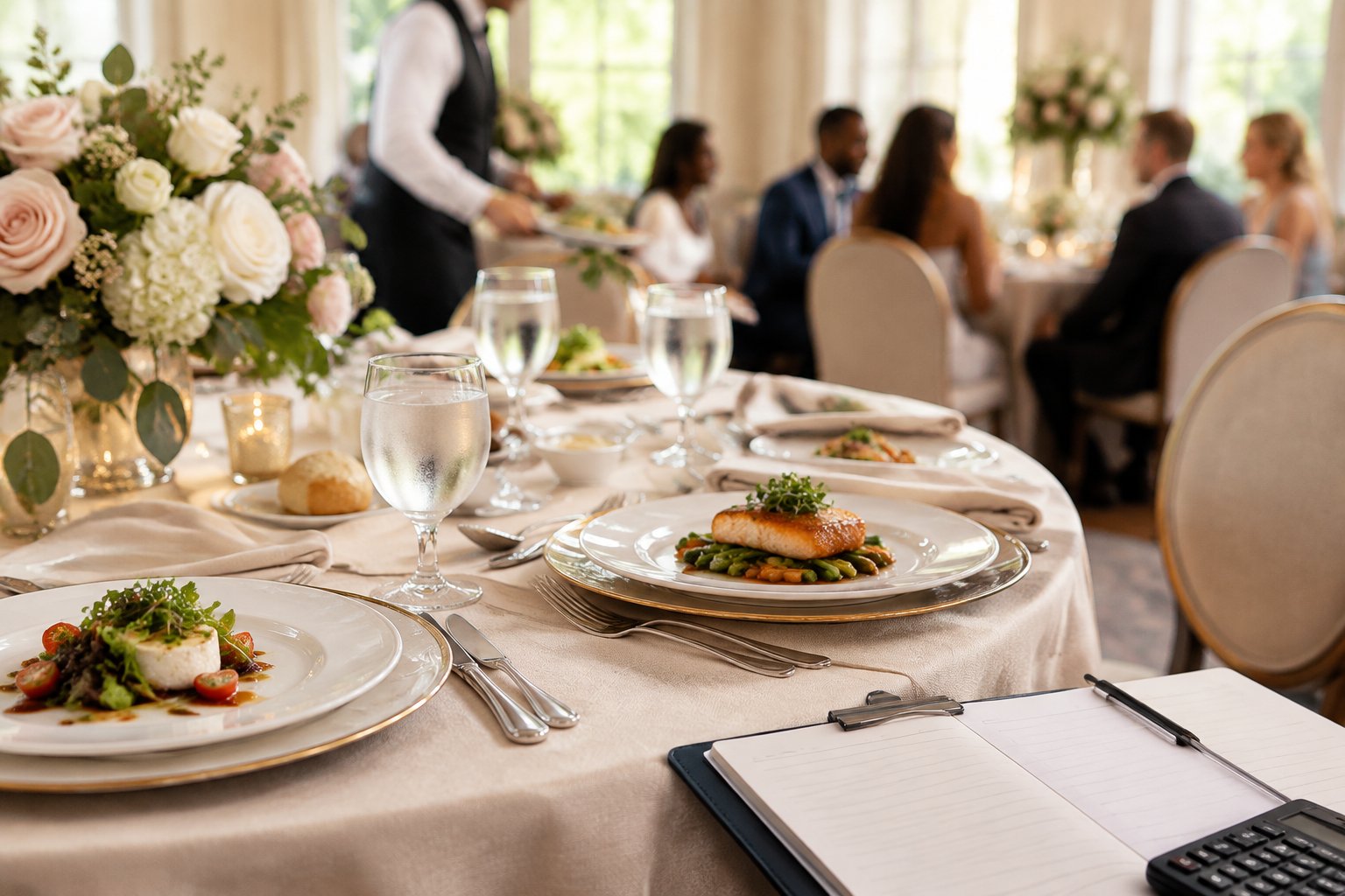 An elegant wedding reception table with plated food, place settings, and a calculator beside a planner.